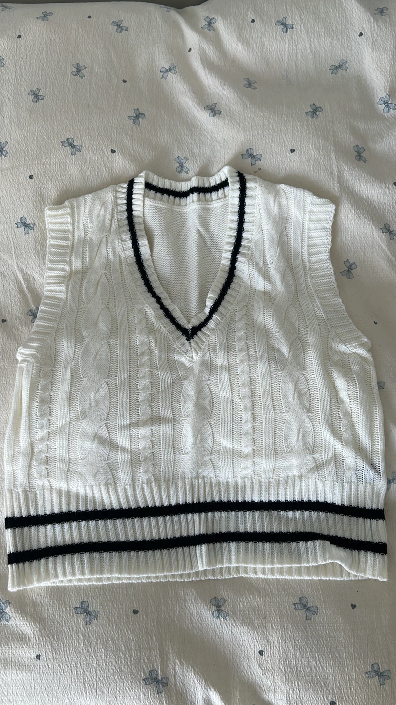 White Cable Knit Sweater Vest with Black Trim