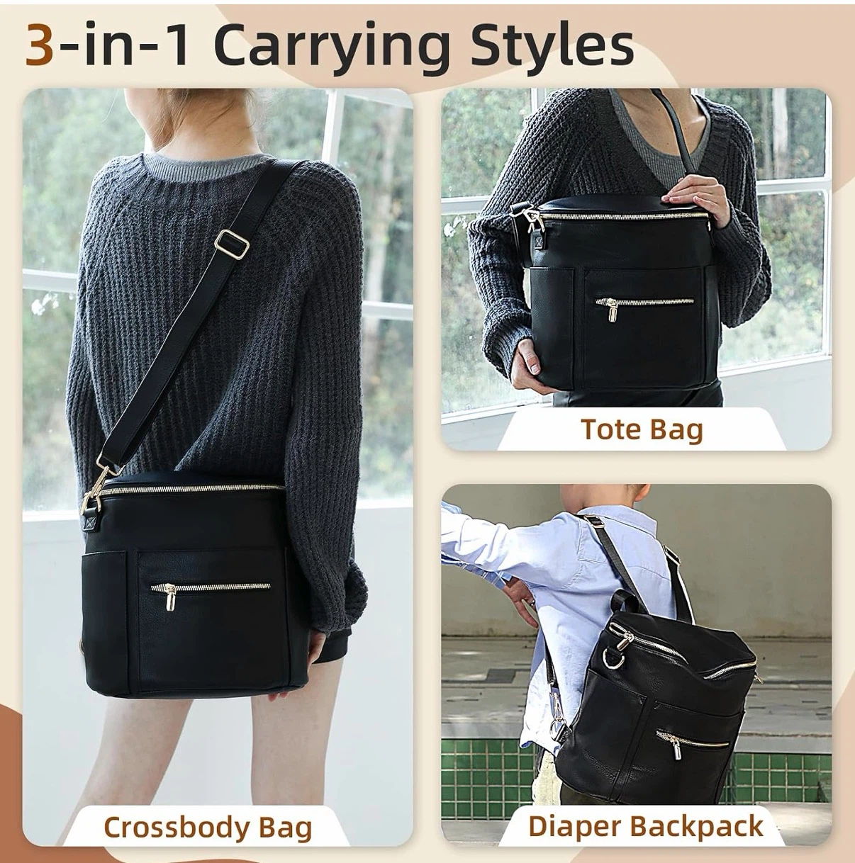 Black Faux Leather Diaper Bag Backpack