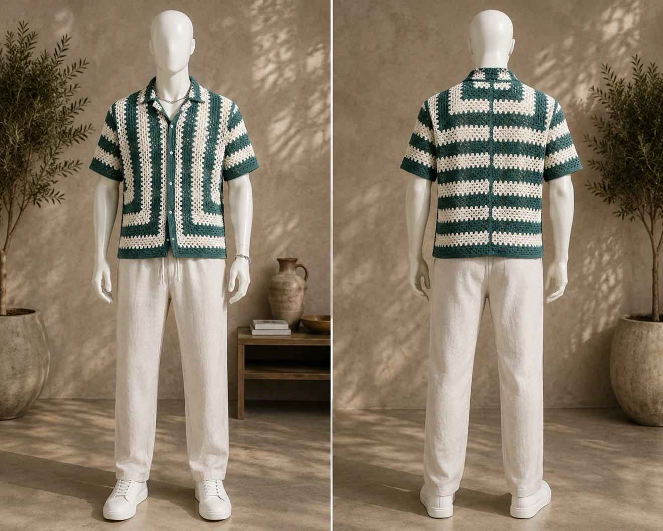 Green and White Striped Crochet Button-Up Shirt
