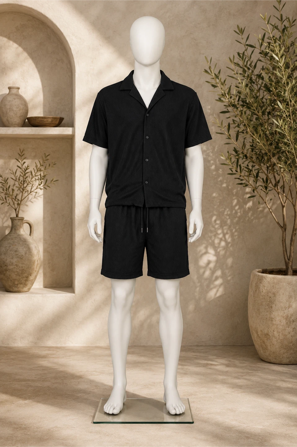 Black Collared Short Sleeve Shirt and Shorts Set