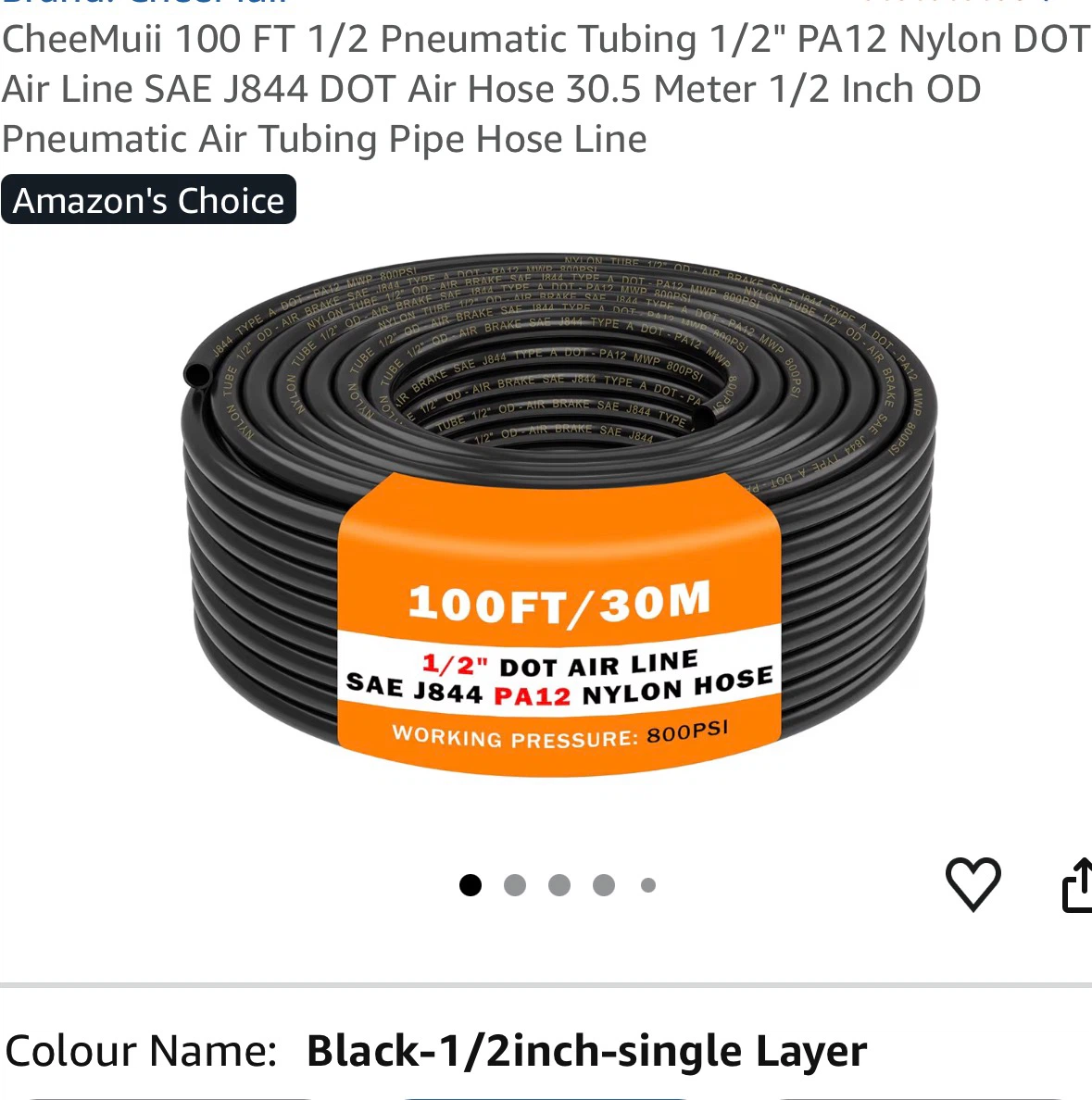 100ft Pneumatic Tubing 1/2" Air Hose SAE J844 PA12 Nylon 100F