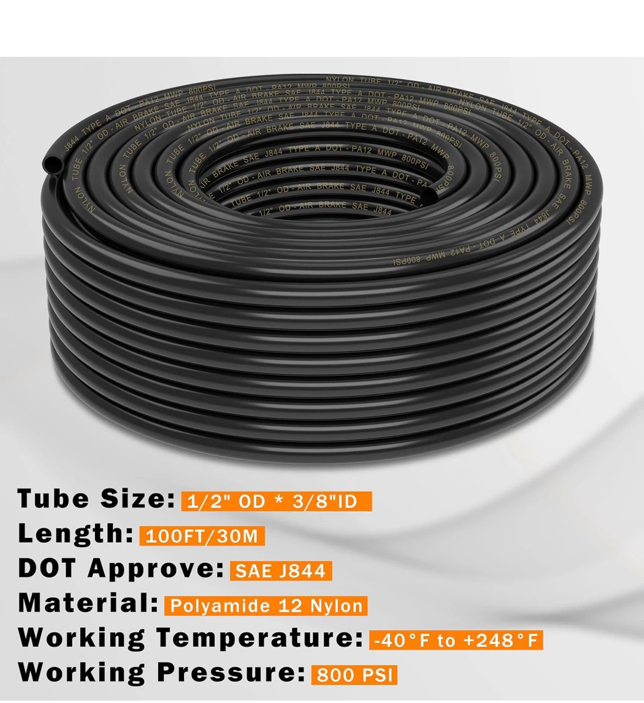 100ft Pneumatic Tubing 1/2" Air Hose SAE J844 PA12 Nylon 100F - photo 2