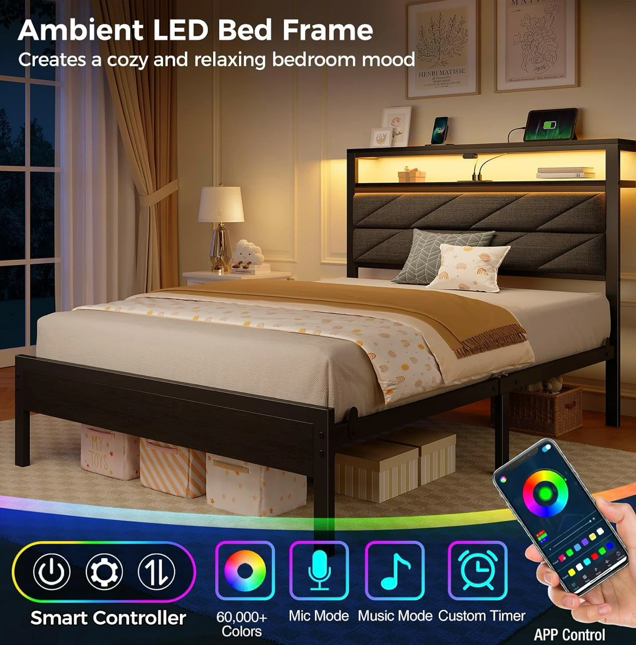 Twin Size Ambient LED Bed Frame with Storage Headboard