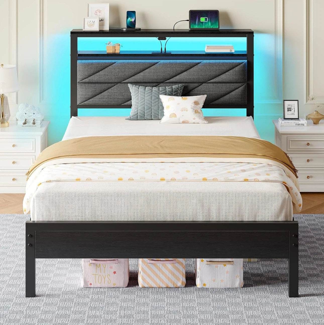 Twin Size Ambient LED Bed Frame with Storage Headboard - photo 3