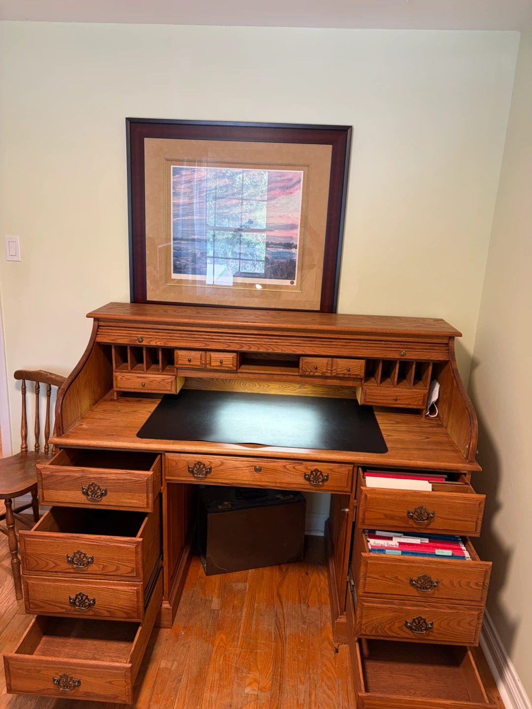 Oak Roll Top Desk with Multiple Drawers