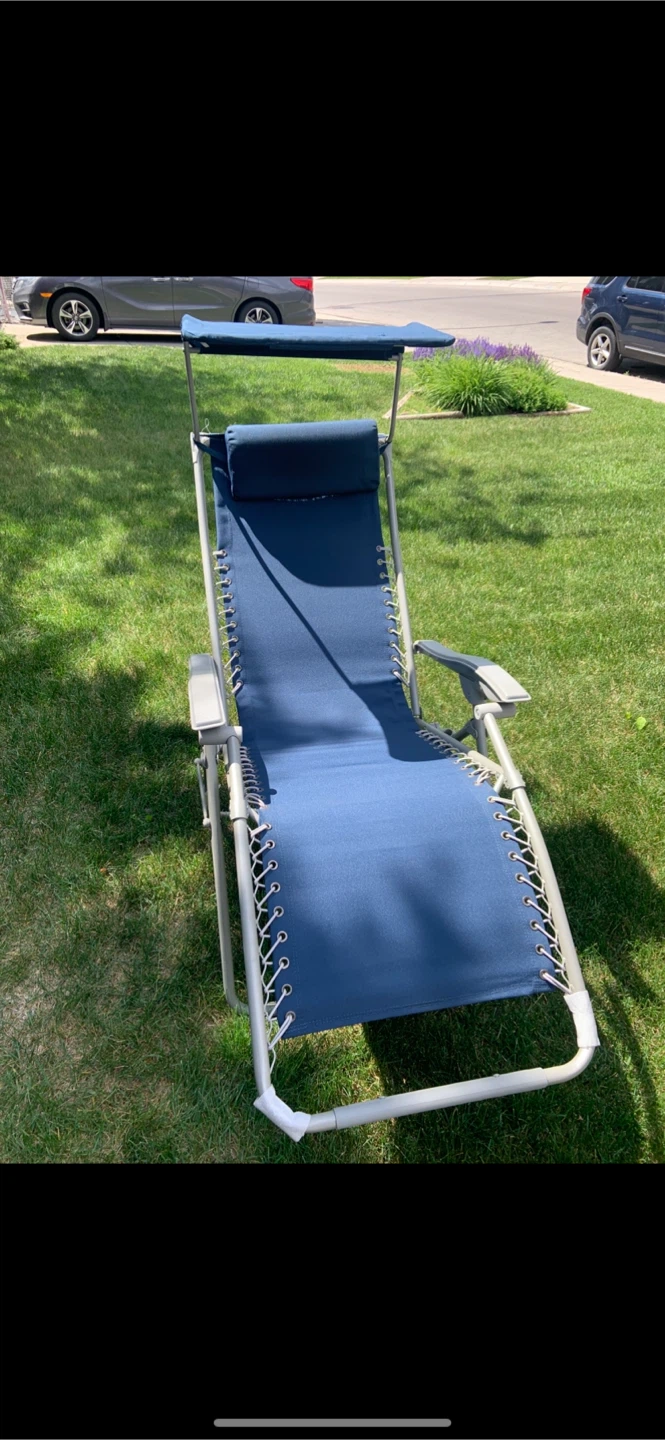 2 Blue zero gravity lounge chairs with canopy