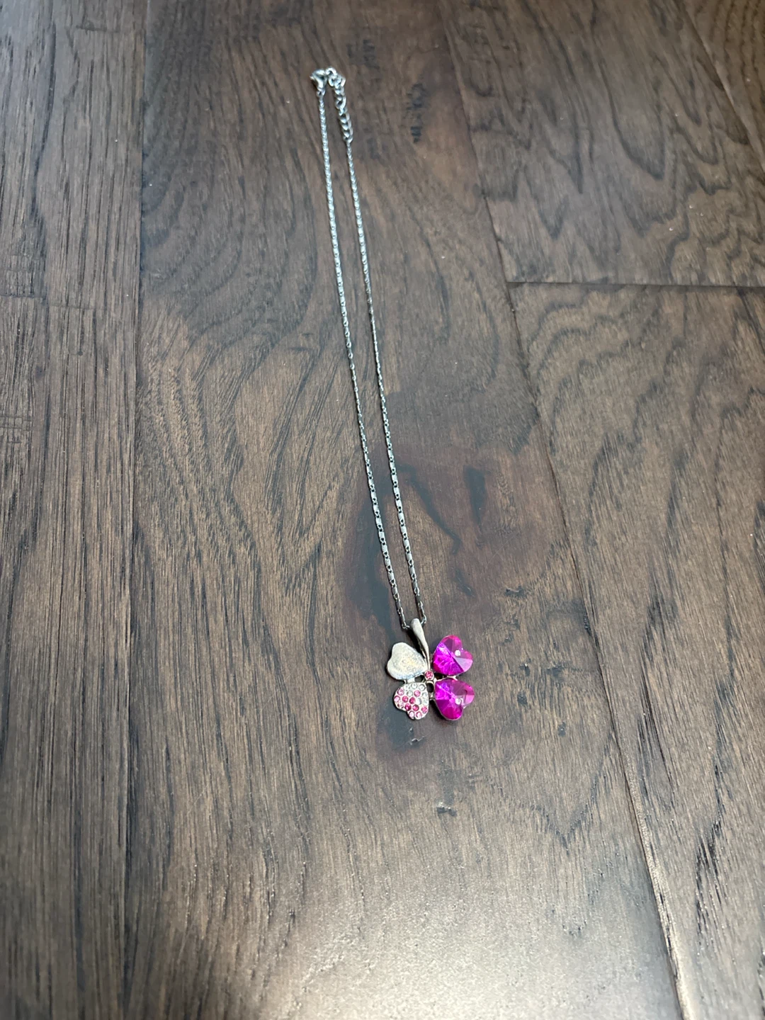Silver Clover Necklace with Pink Stones