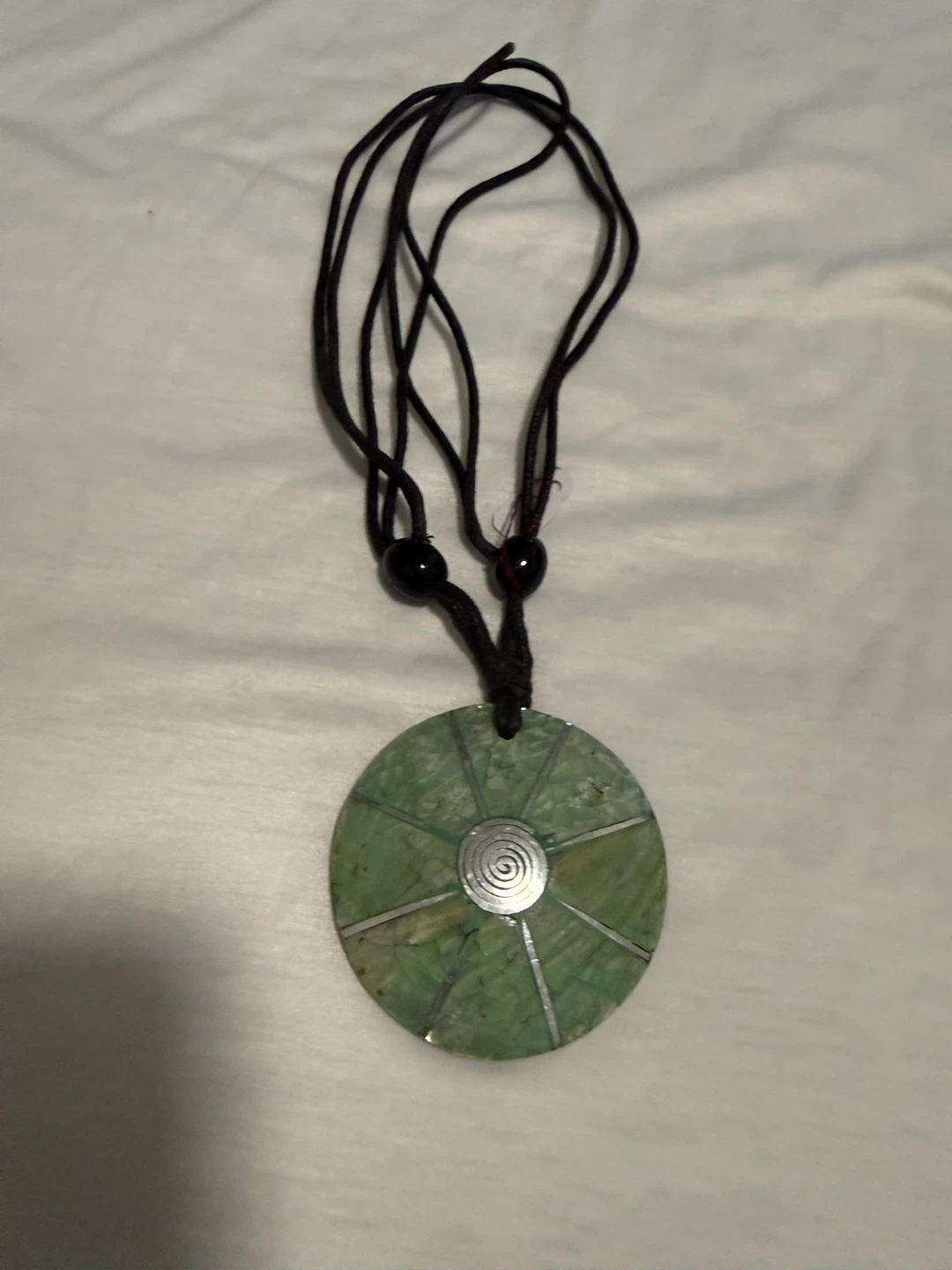 Green Stone Pendant Necklace with Silver Spiral Detail