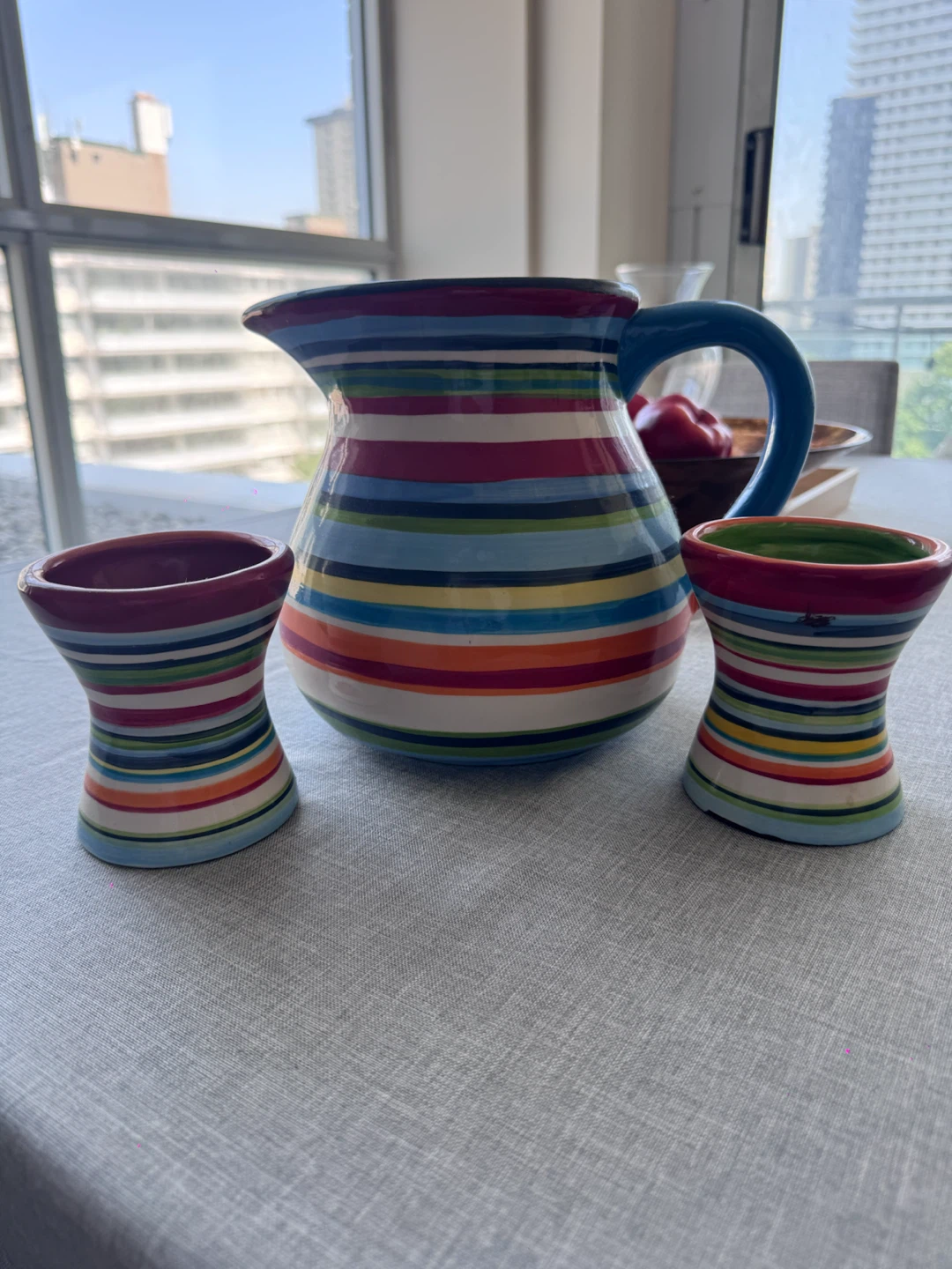 Striped Ceramic Pitcher with Two Small Bowls