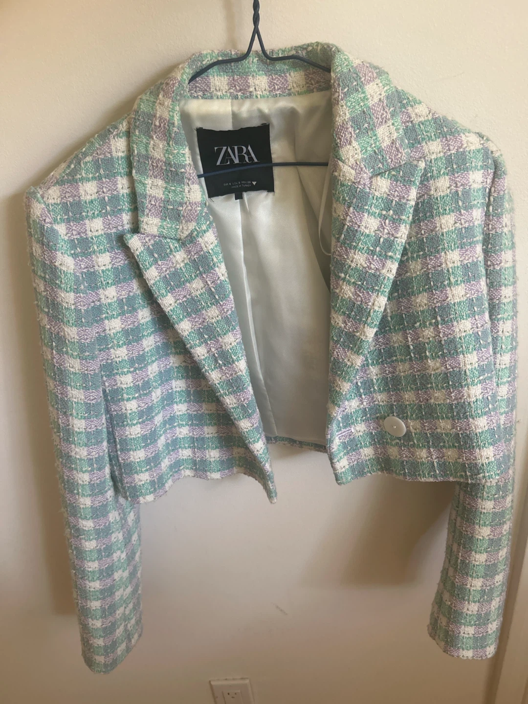 ZARA Cropped Tweed Blazer - Pastel Check