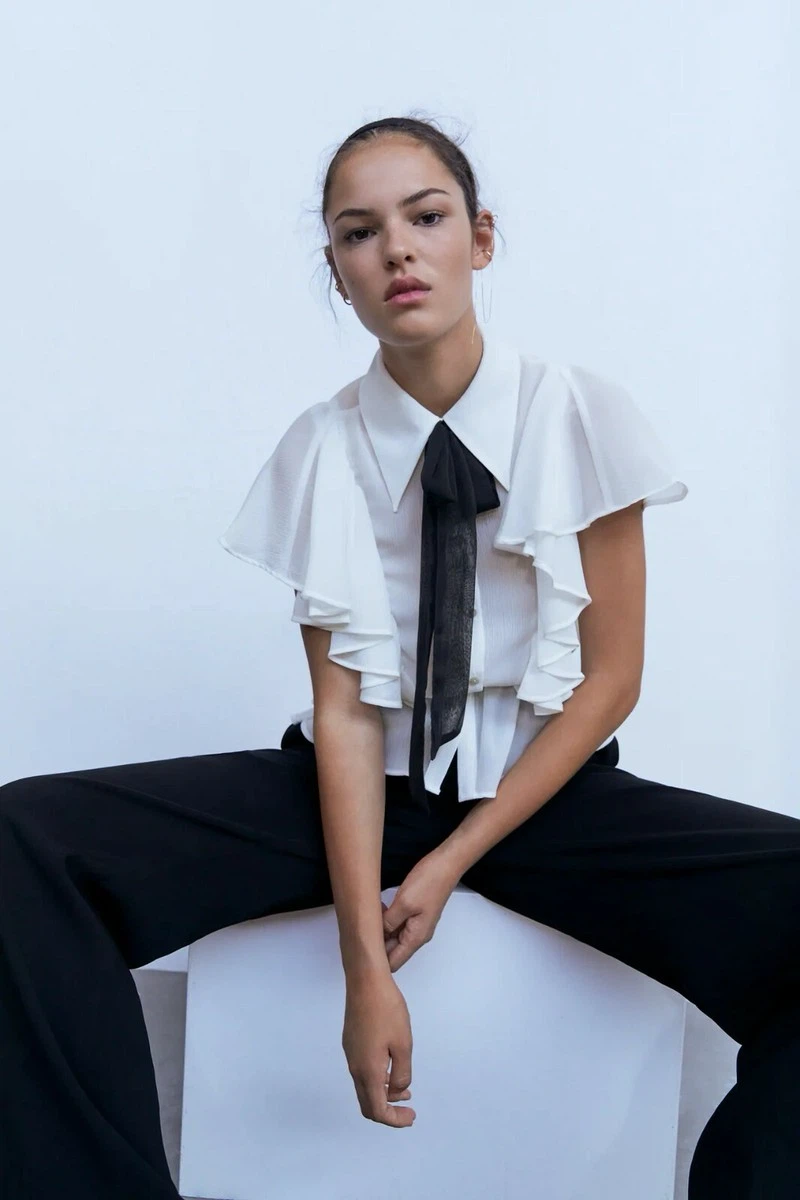 Zara White Ruffled Blouse with Black Bow