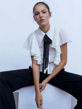 Zara White Ruffled Blouse with Black Bow - photo 2