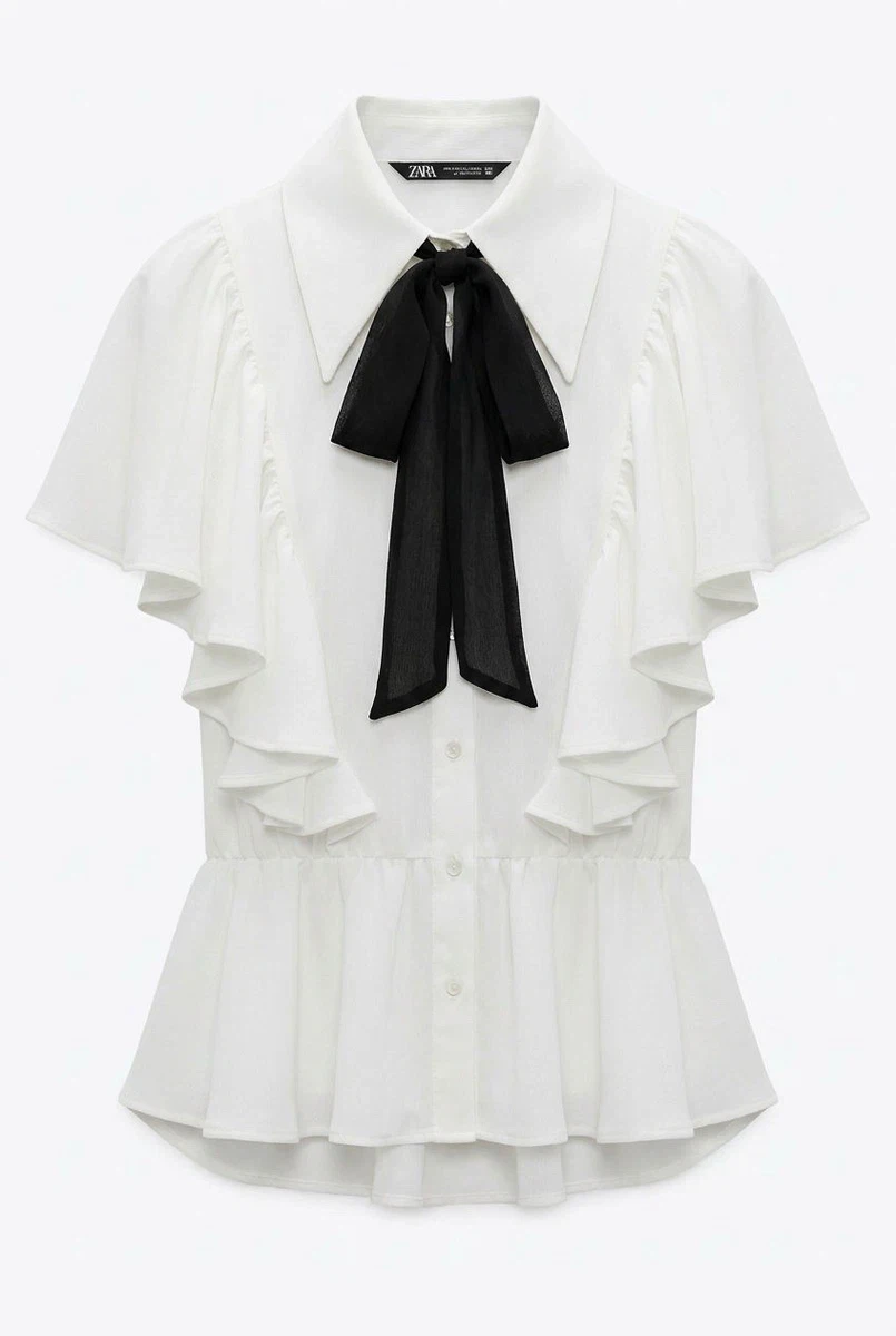 Zara White Ruffled Blouse with Black Bow - photo 3