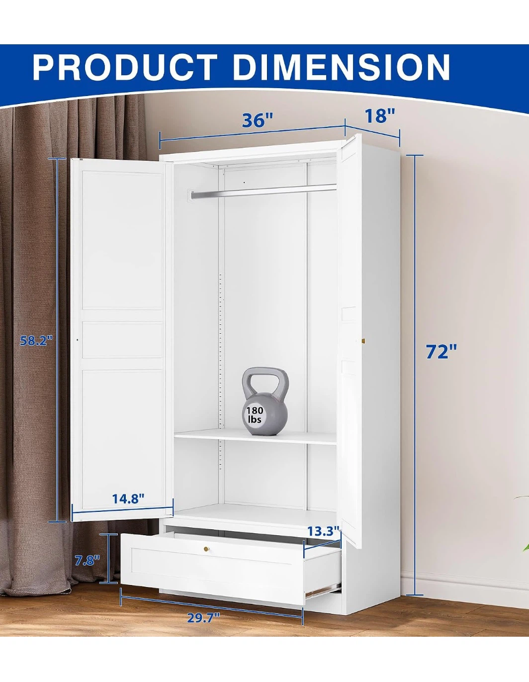 White Wardrobe with Drawer - photo 3
