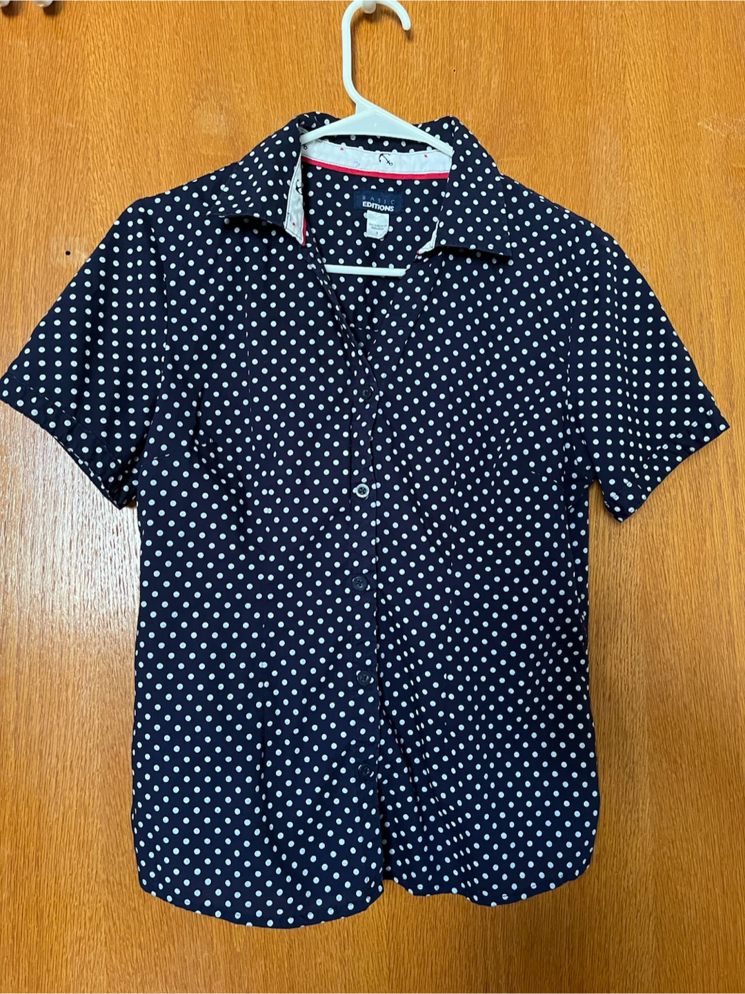 Basic Editions Navy Polka Dot Button-Up Shirt Size S