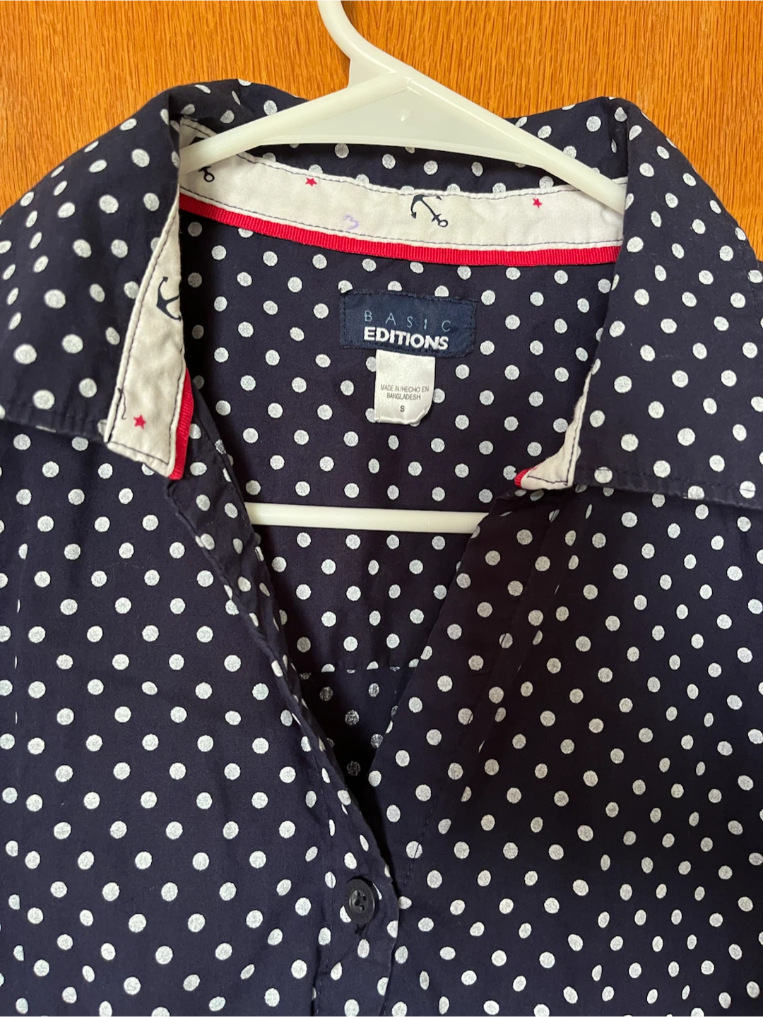 Basic Editions Navy Polka Dot Button-Up Shirt Size S - photo 2