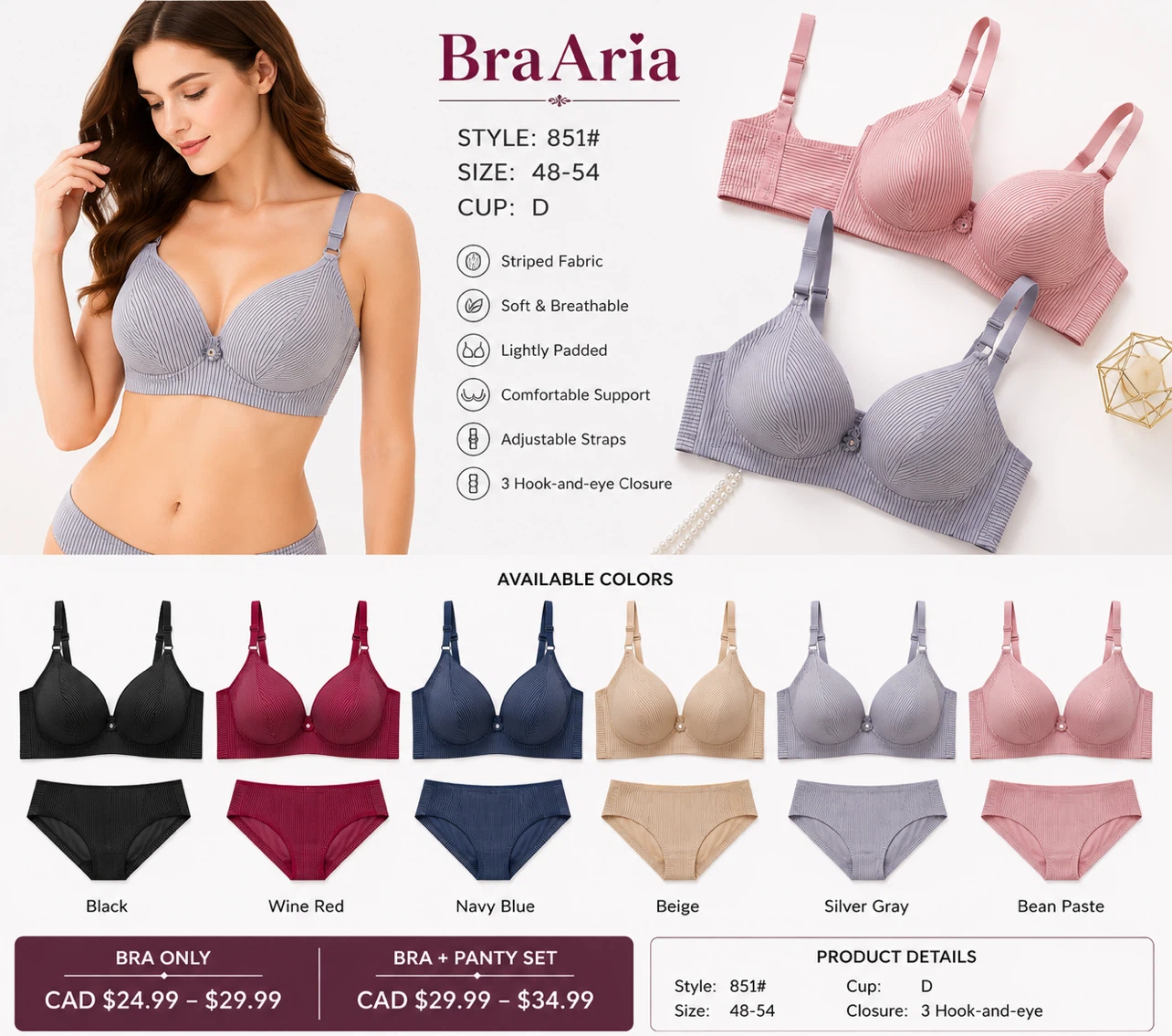 BraAria Bra Style 851# Size 48-54 Cup D