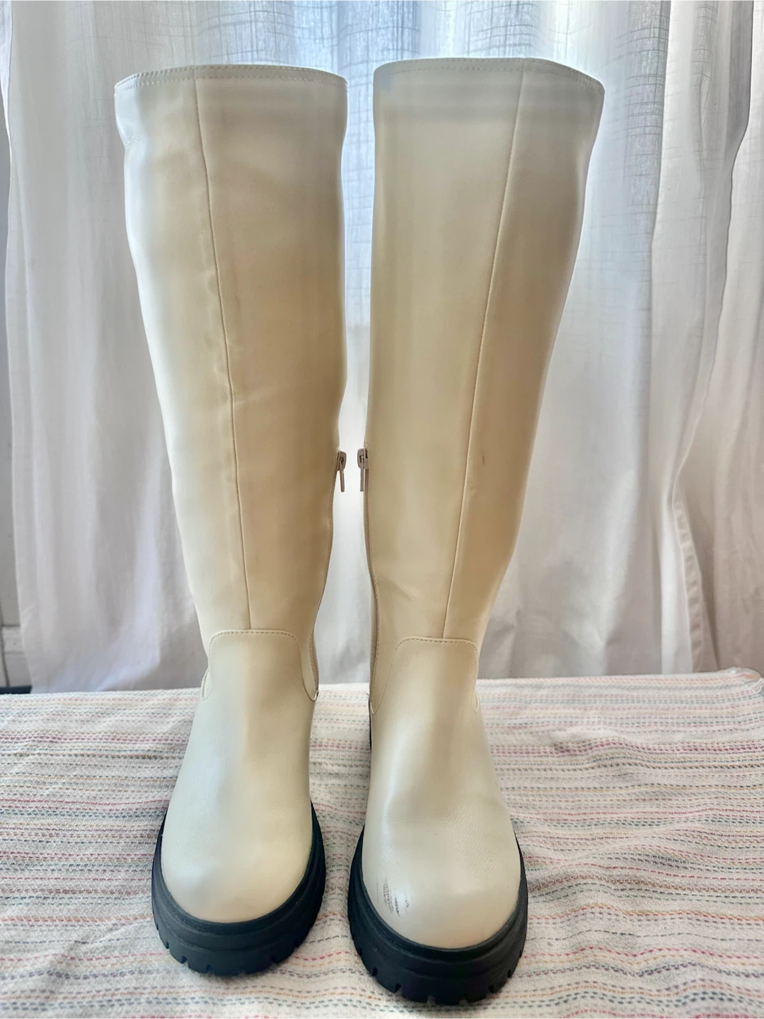 Felice Cream Knee-High Boots with Chunky Black Soles Size 8