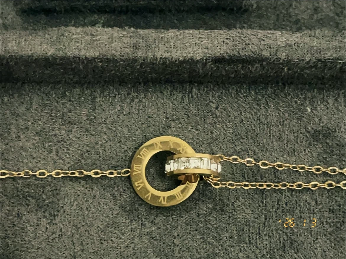Gold Tone Interlocking Circle Necklace with Roman Numerals - photo 2
