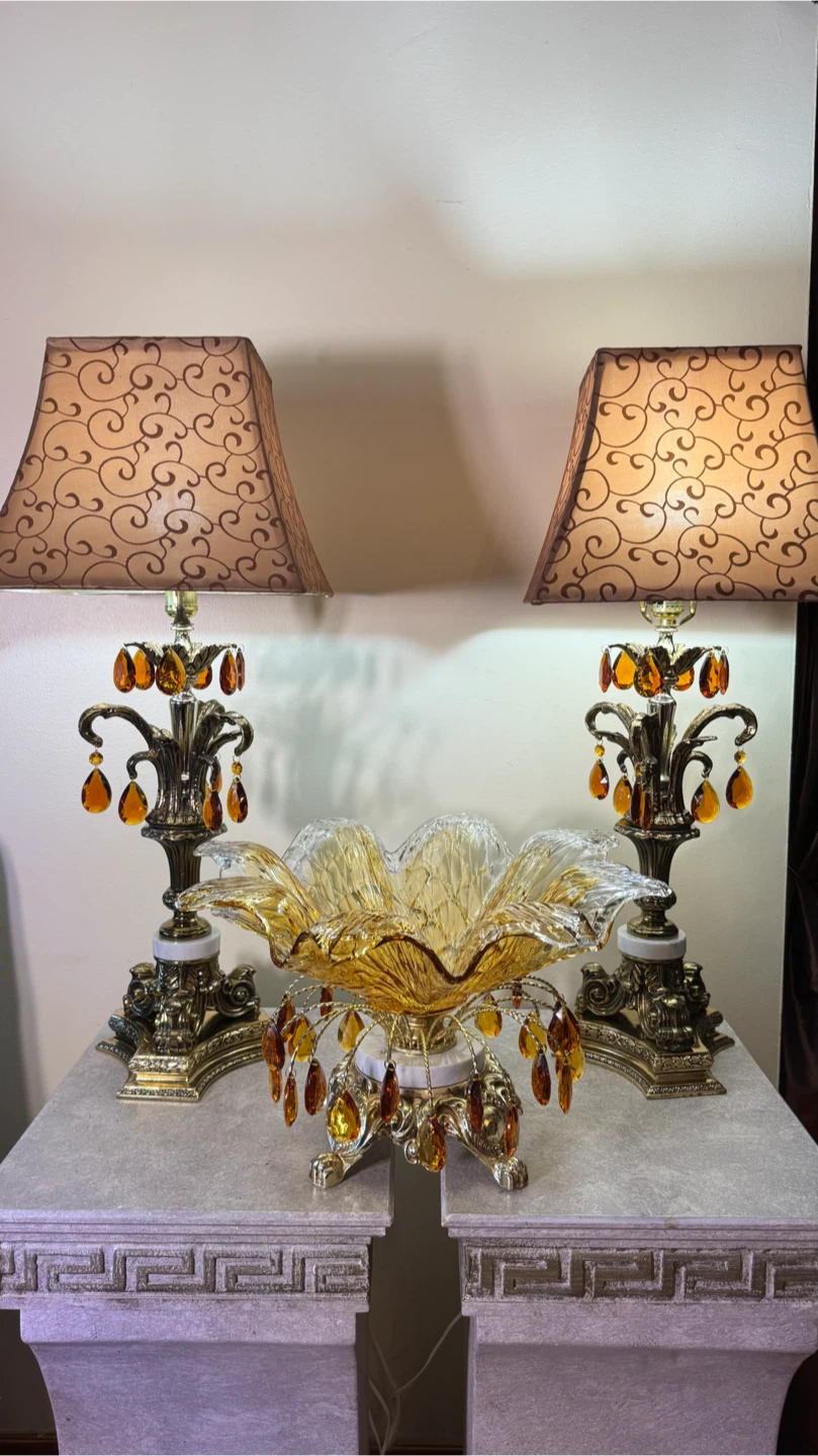 Ornate Crystal  Table Lamps with Matching Decorative Bowl