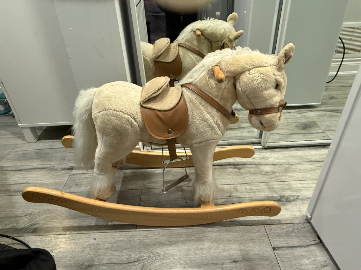 Plush Kids Rocking Horse with Wooden Base, Saddle & Stirrups