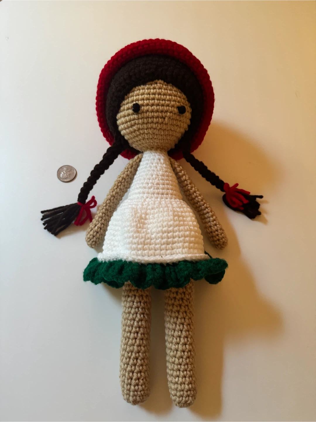 Crocheted Doll with Red Hat and White Dress