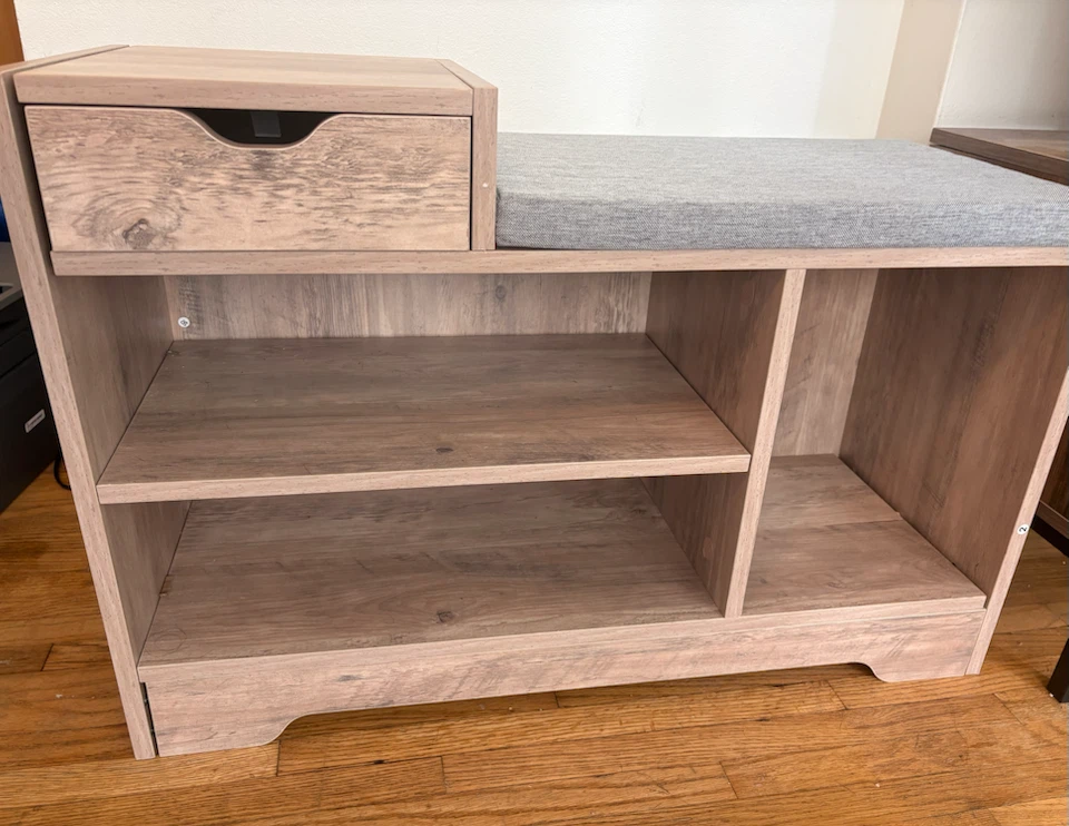 Shoe Storage Bench with Cushion, Drawer & Shelves - $50