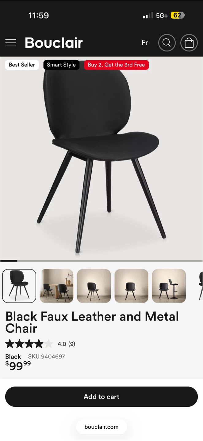 Bouclair Black Faux Leather and Metal Dining Chair - photo 2