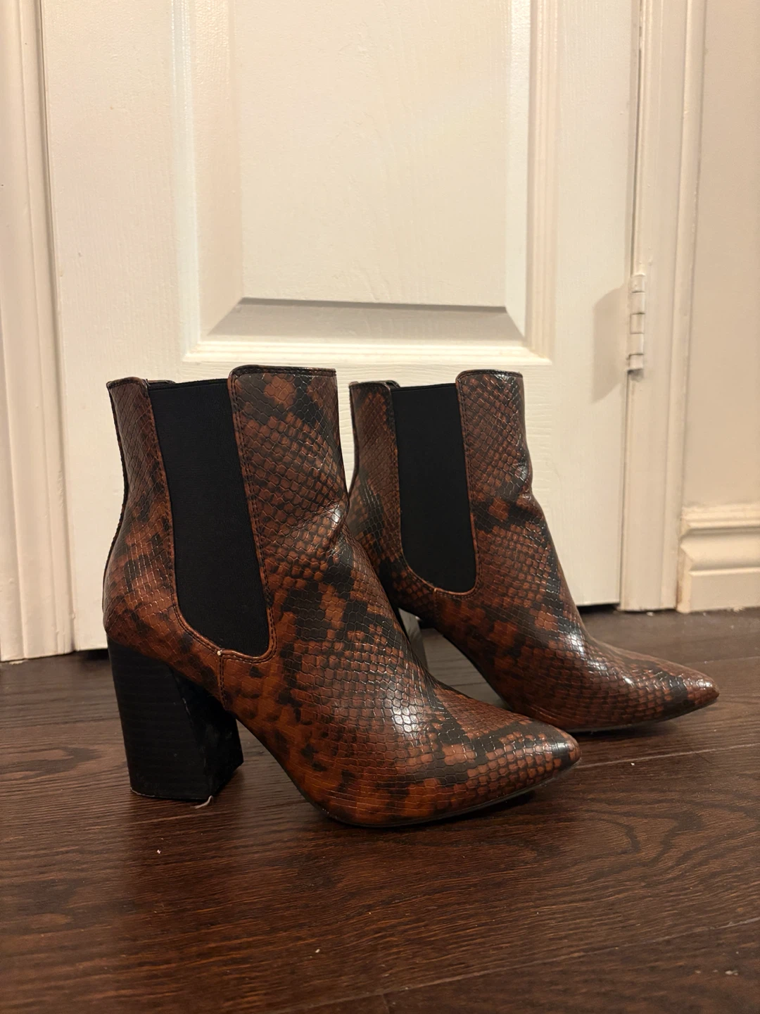 Brown Snake Print Heeled Ankle Boots
