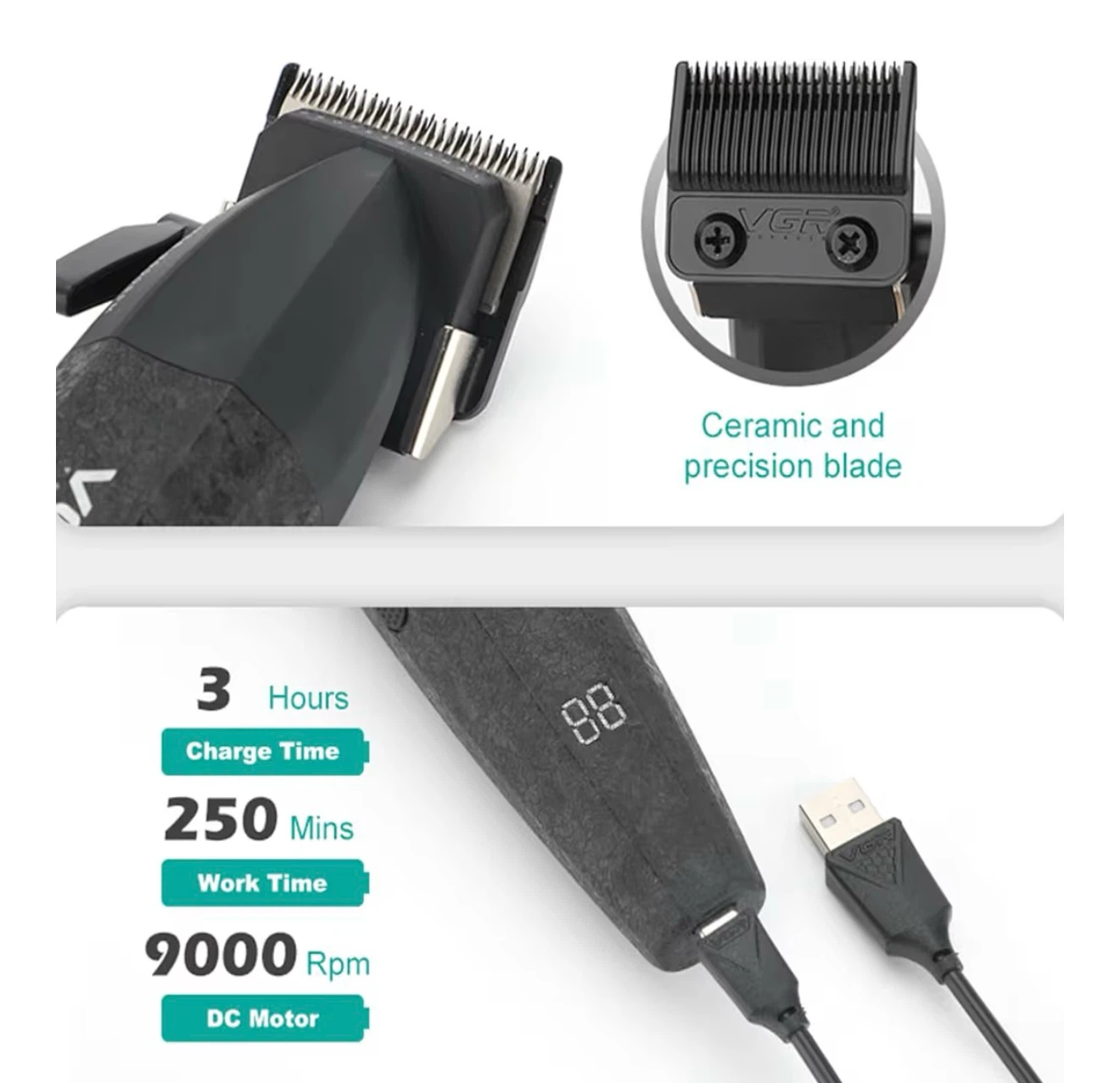 VGR Professional Hair Clipper Cordless Rechargeable 9000 RPM - photo 5