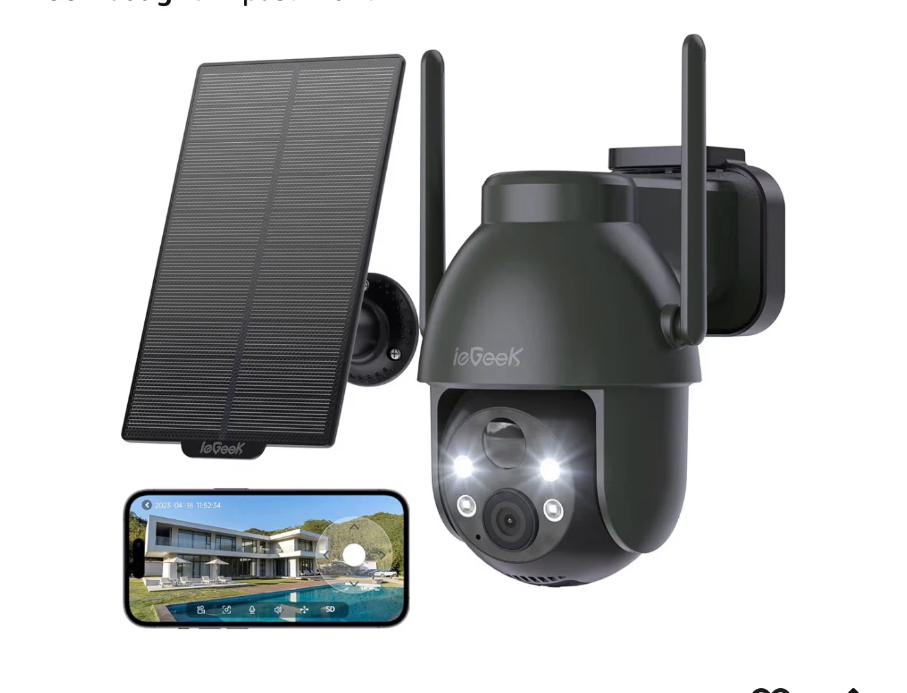 IoGeek Outdoor Security Camera with Solar Panel