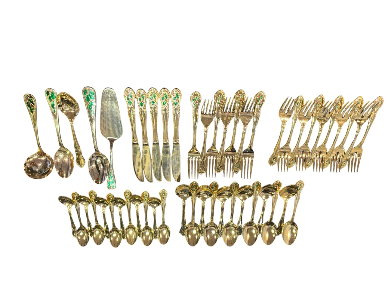 Gold tone Cutlery Set with Holly Berry Design made in Japan