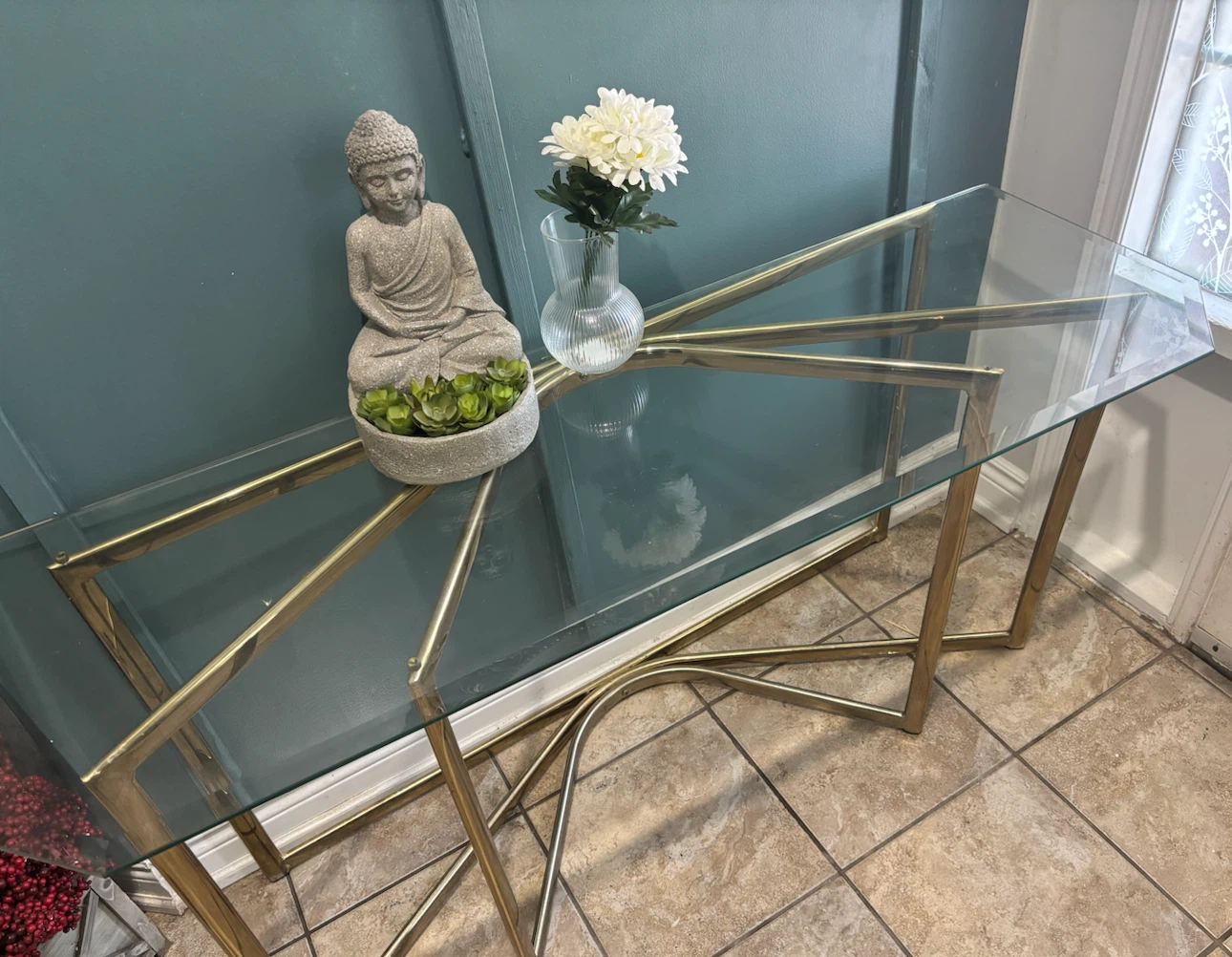 Glass top console table with brass frame - photo 2