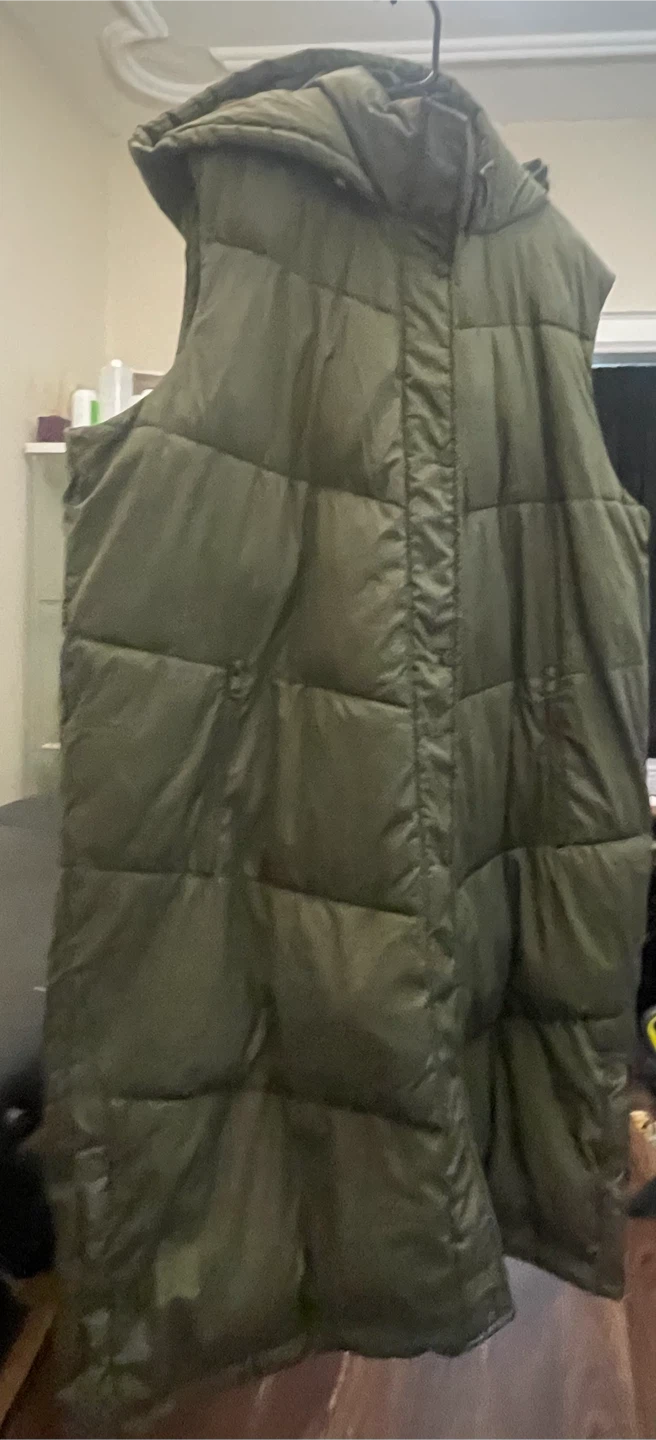 Plus size 2X Longer length Olive Green Puffer Vest with Hood