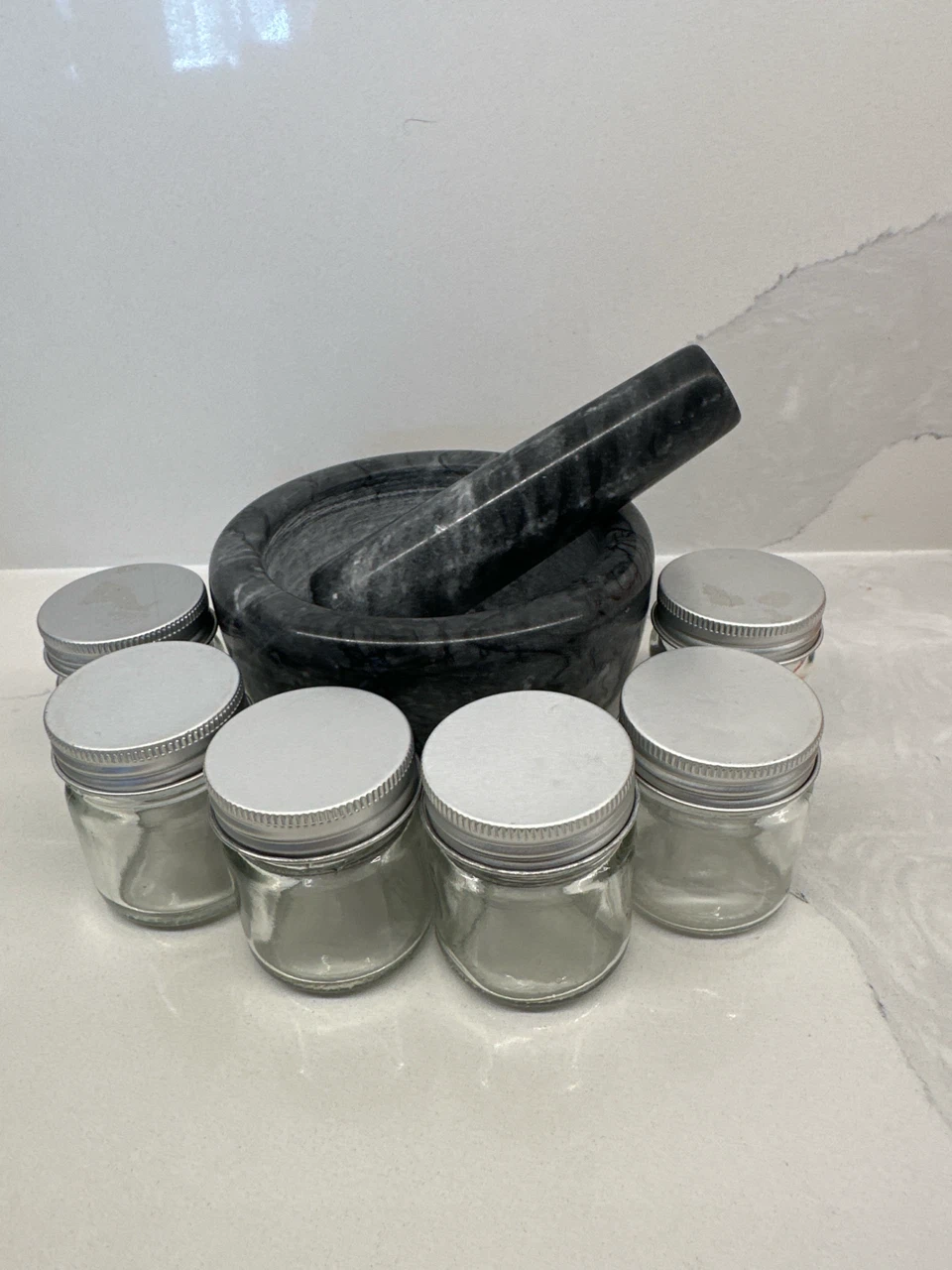 Marble Mortar and Pestle with 6 Small Glass Jars