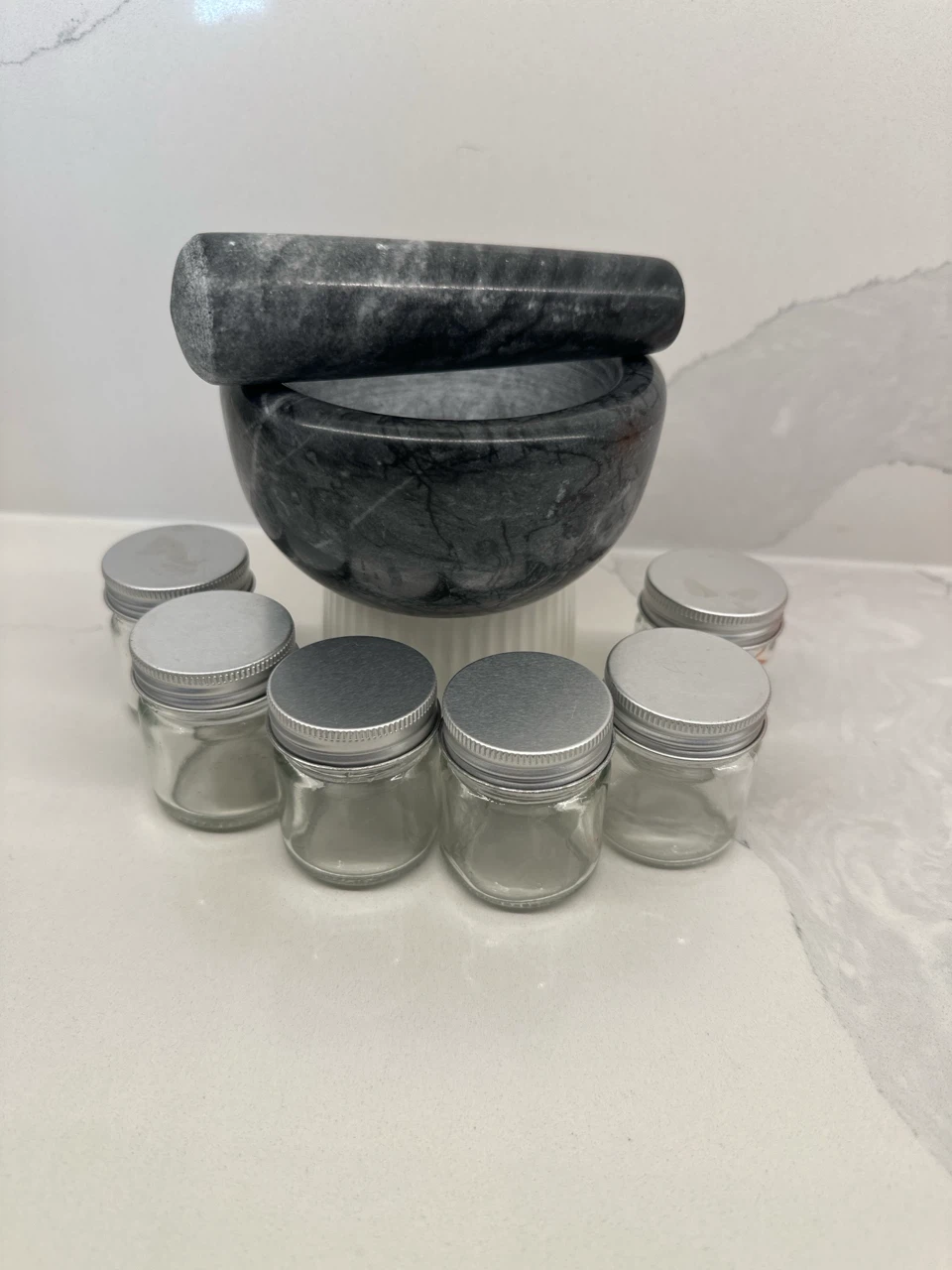 Marble Mortar and Pestle with 6 Small Glass Jars - photo 2
