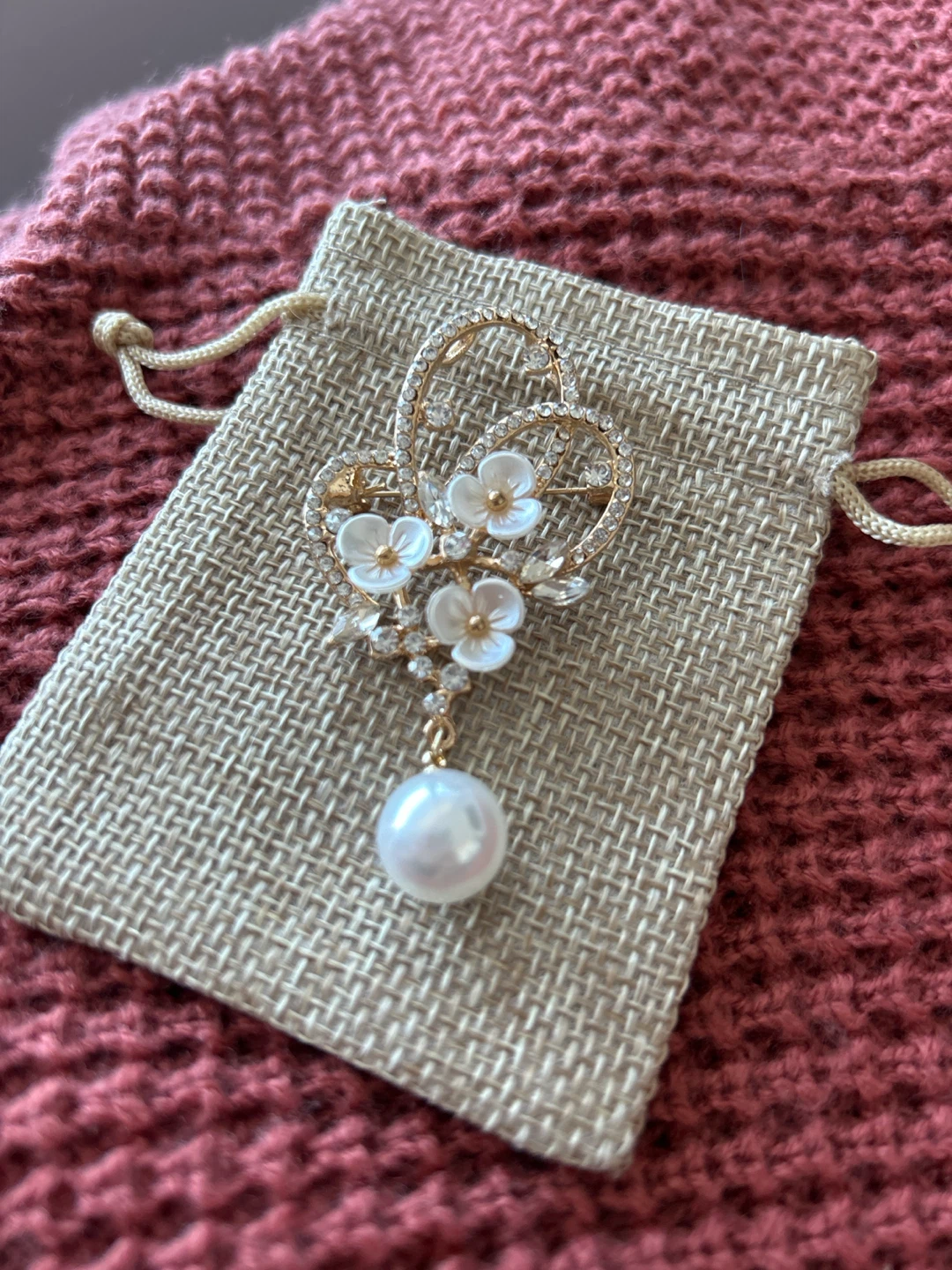 Gold-tone Heart Brooch with Pearls and Rhinestones