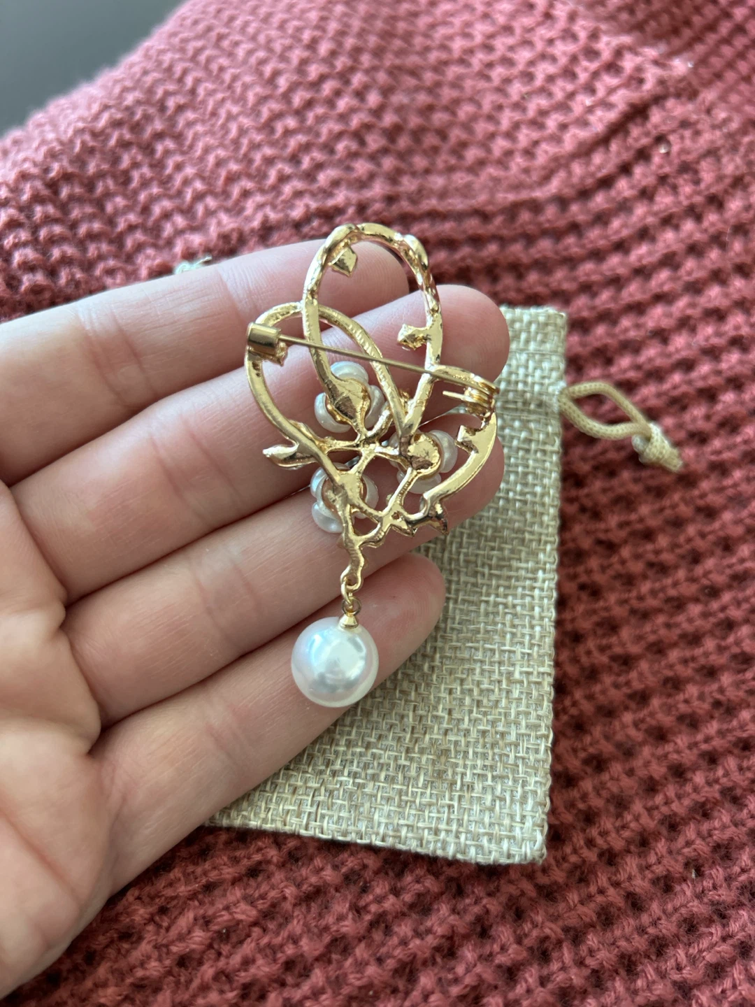 Gold-tone Heart Brooch with Pearls and Rhinestones - photo 2