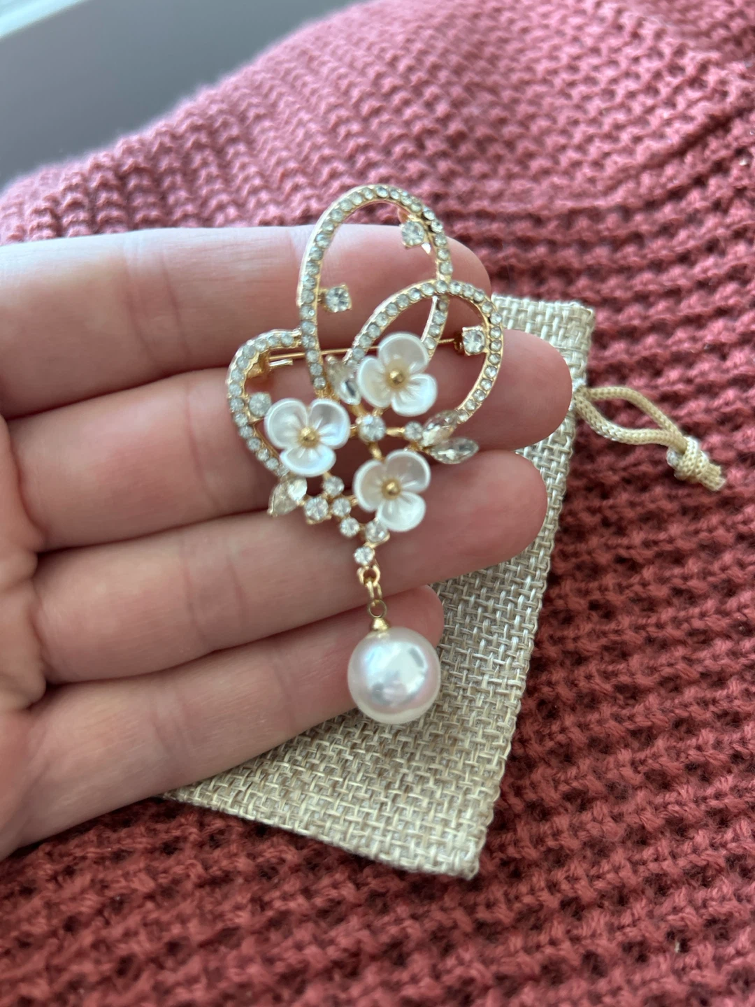 Gold-tone Heart Brooch with Pearls and Rhinestones - photo 3