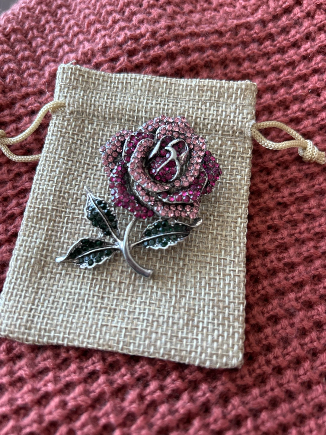 Sparkly Rose Brooch with Green Leaves