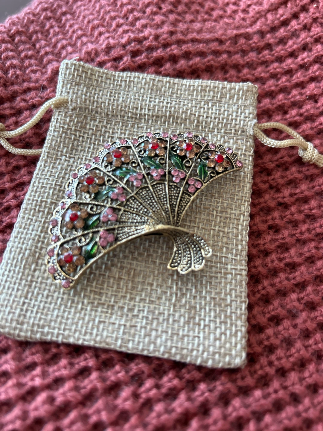 Vintage Fan Brooch with Rhinestones