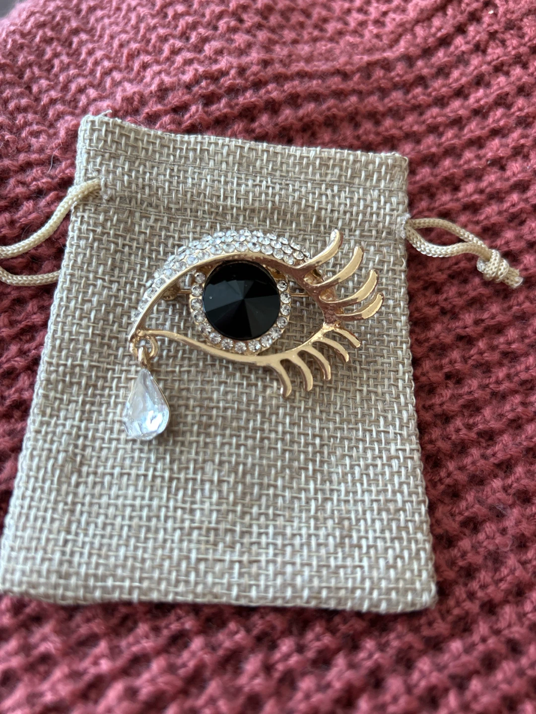 Gold Eye Brooch with Crystal Teardrop