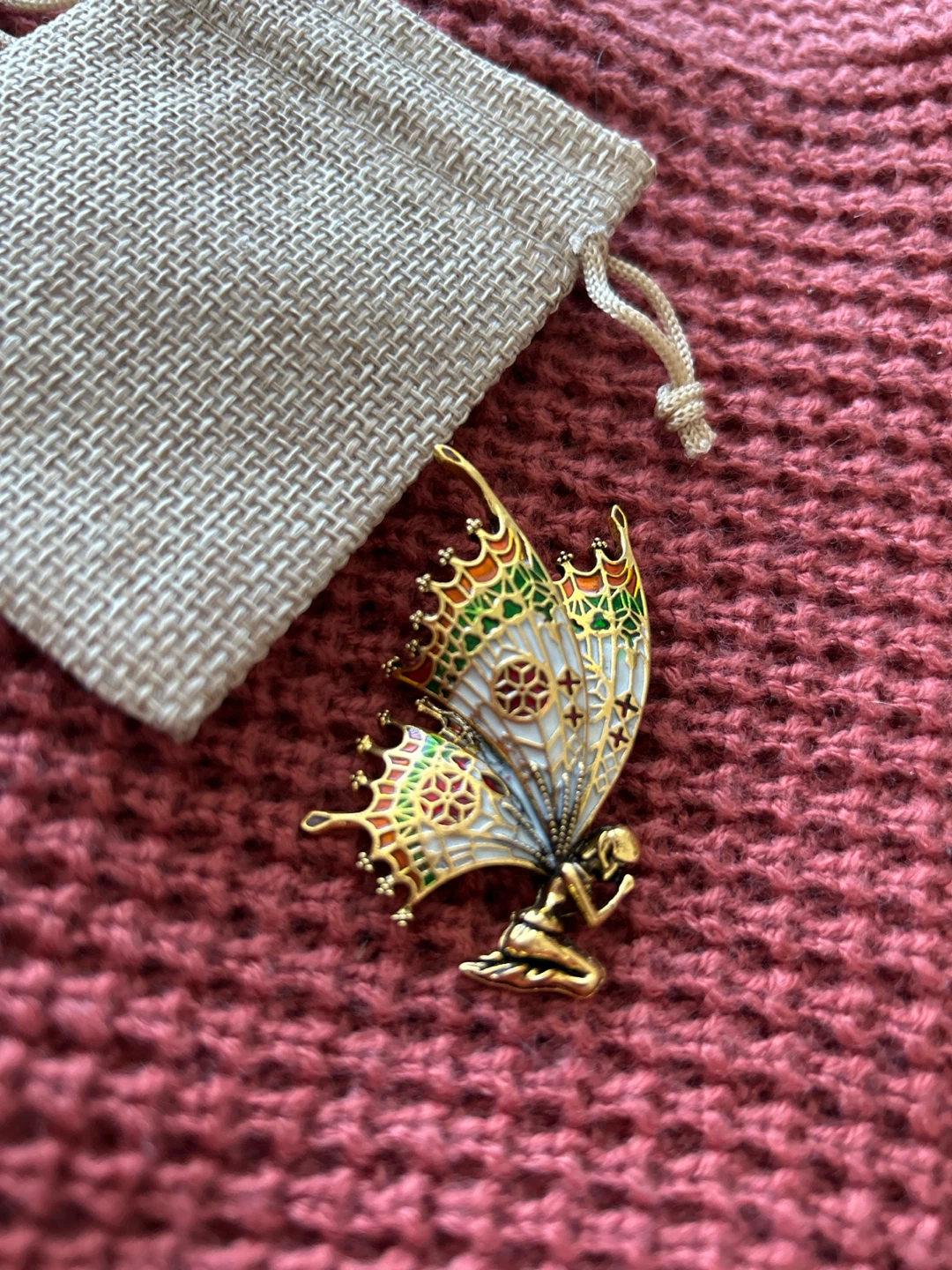 Gold Butterfly Enamel Brooch with Figure