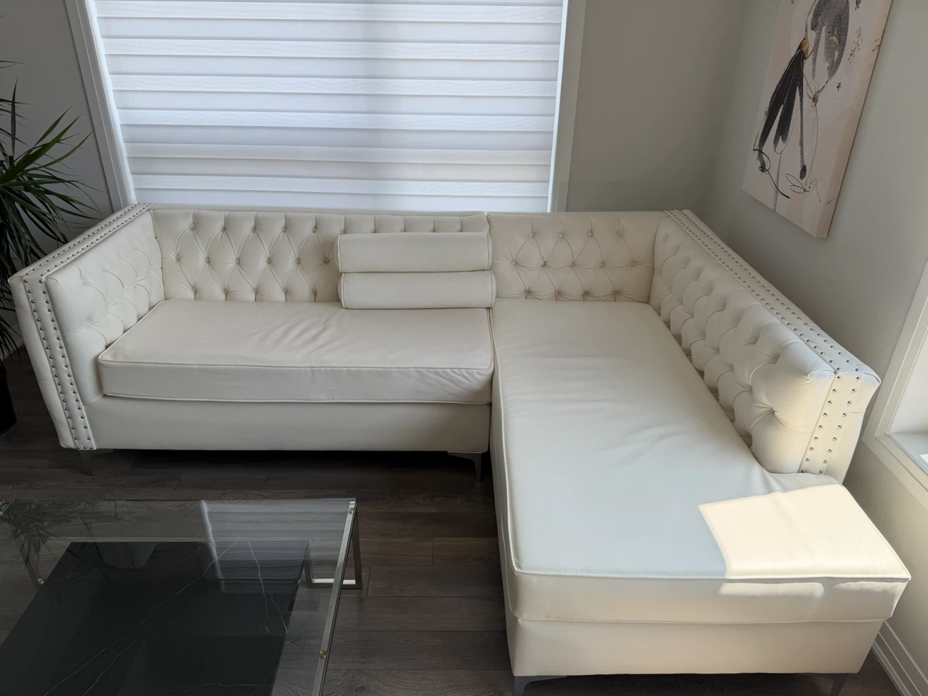 White Tufted Sectional Sofa with Nailhead Trim