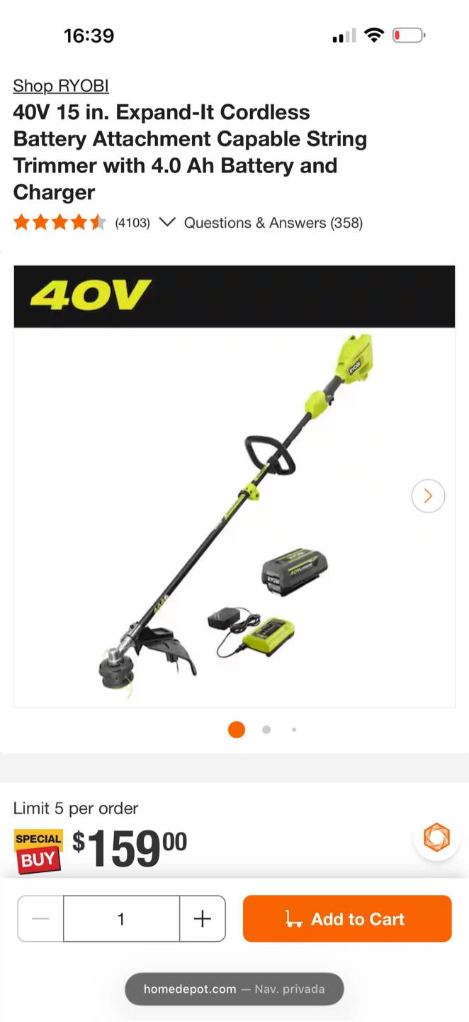 Ryobi 40V 15 inch Cordless String Trimmer Kit