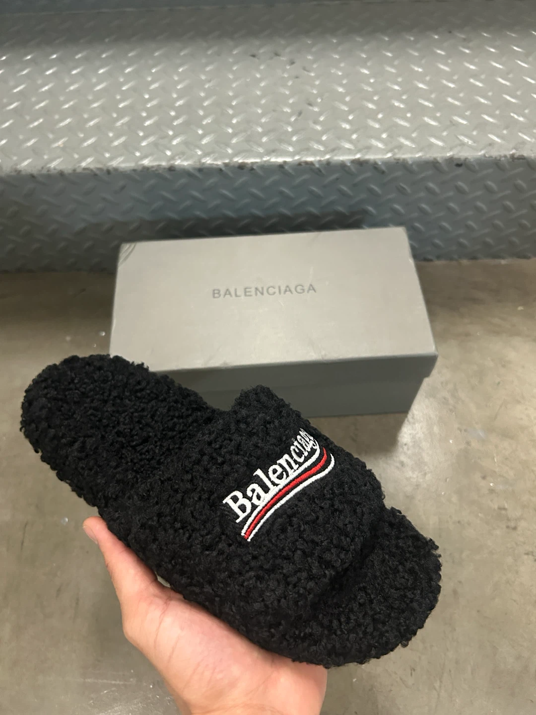 Balenciaga Black Furry Slides
