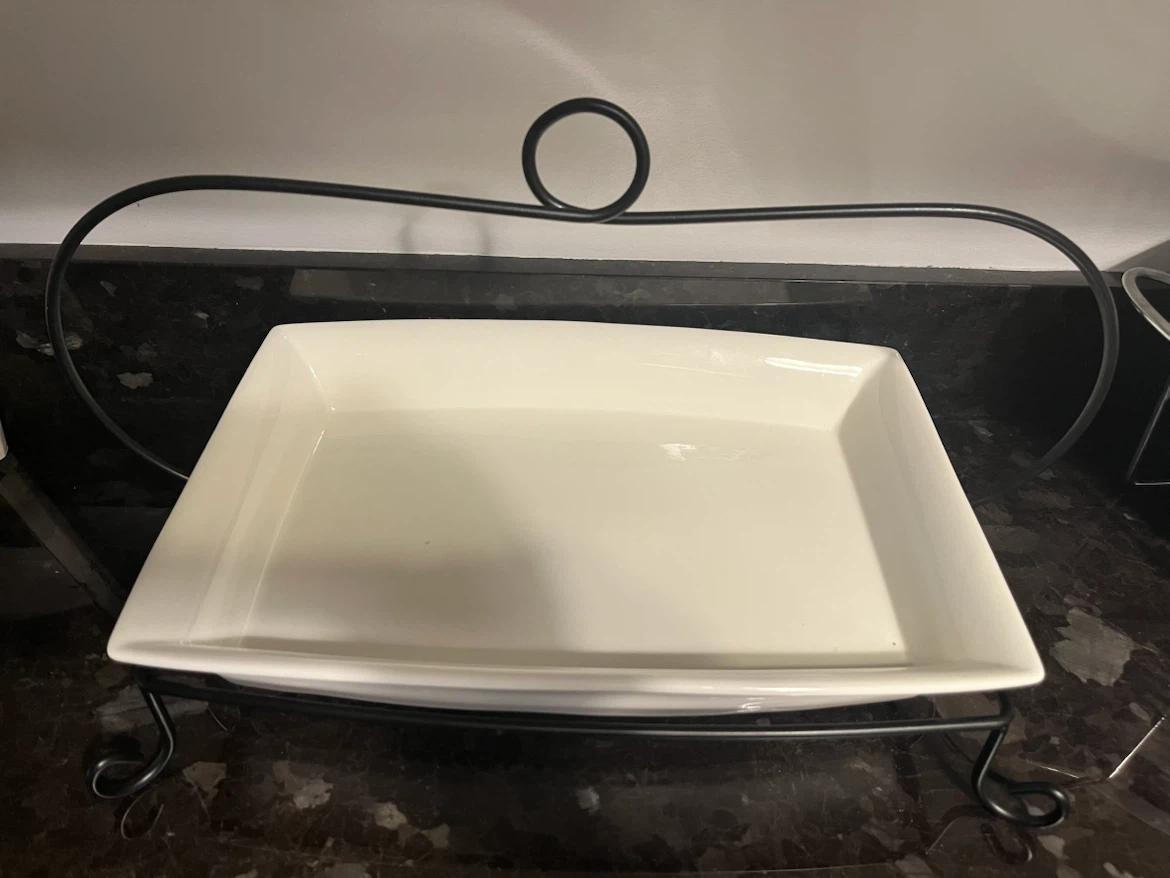 White Ceramic Rectangular Serving Platter with Black Metal Stand