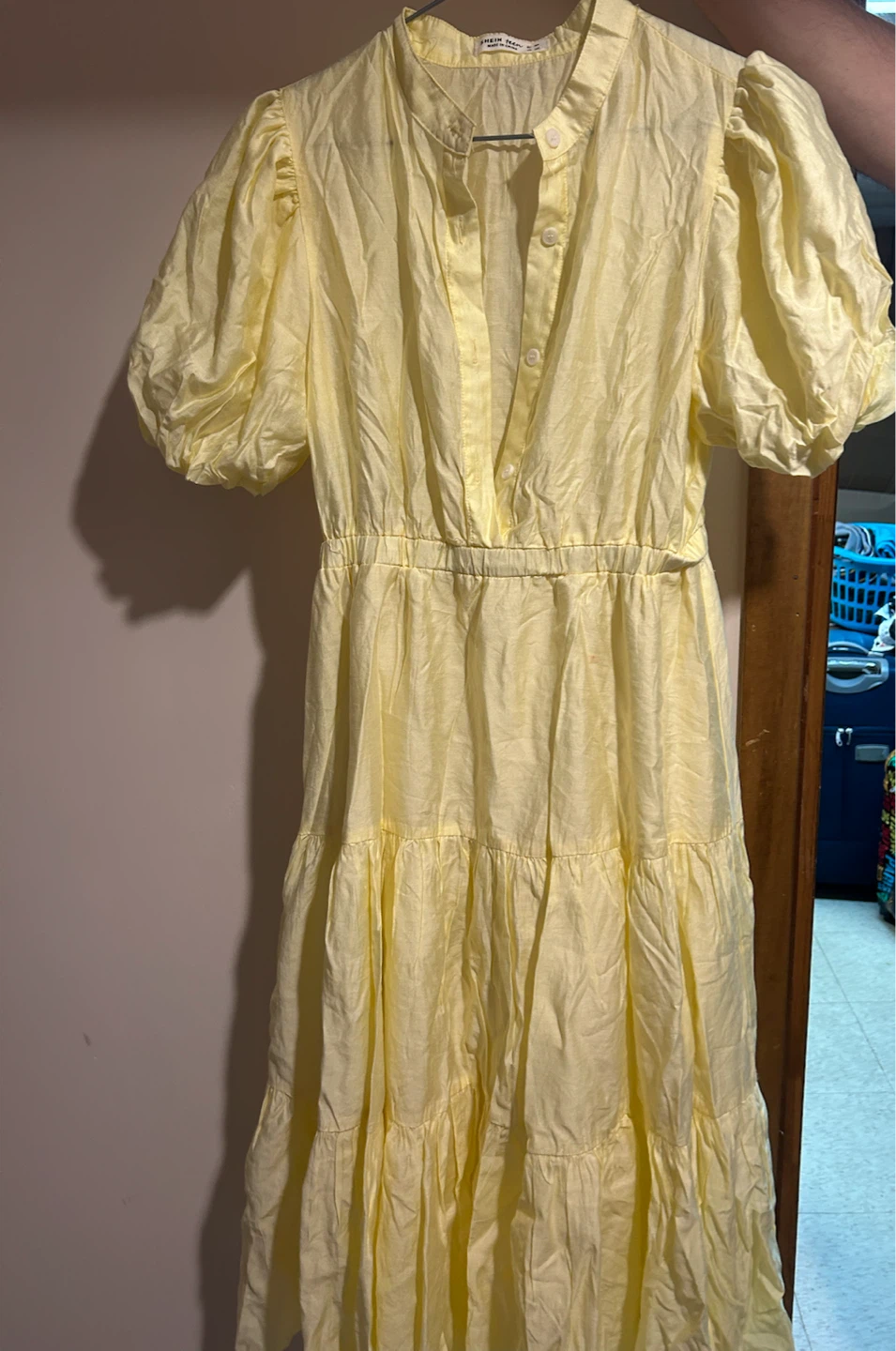 yellow puff sleeve tiered midi dress