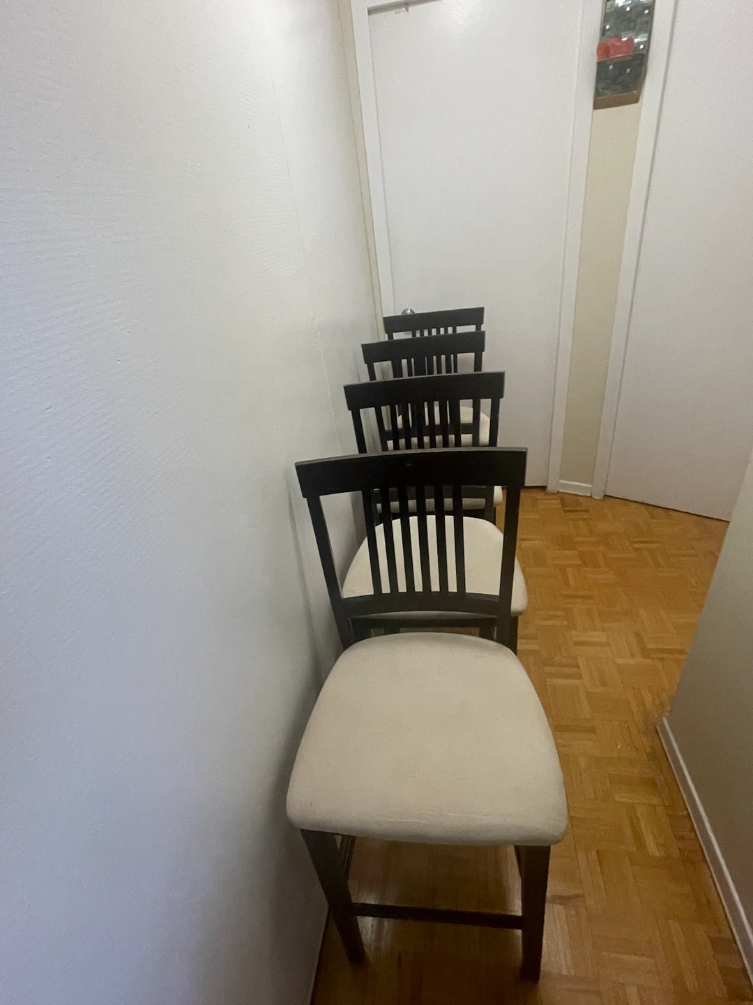 Set of 4 Dark Brown Counter Height Stools with Cream Cushions