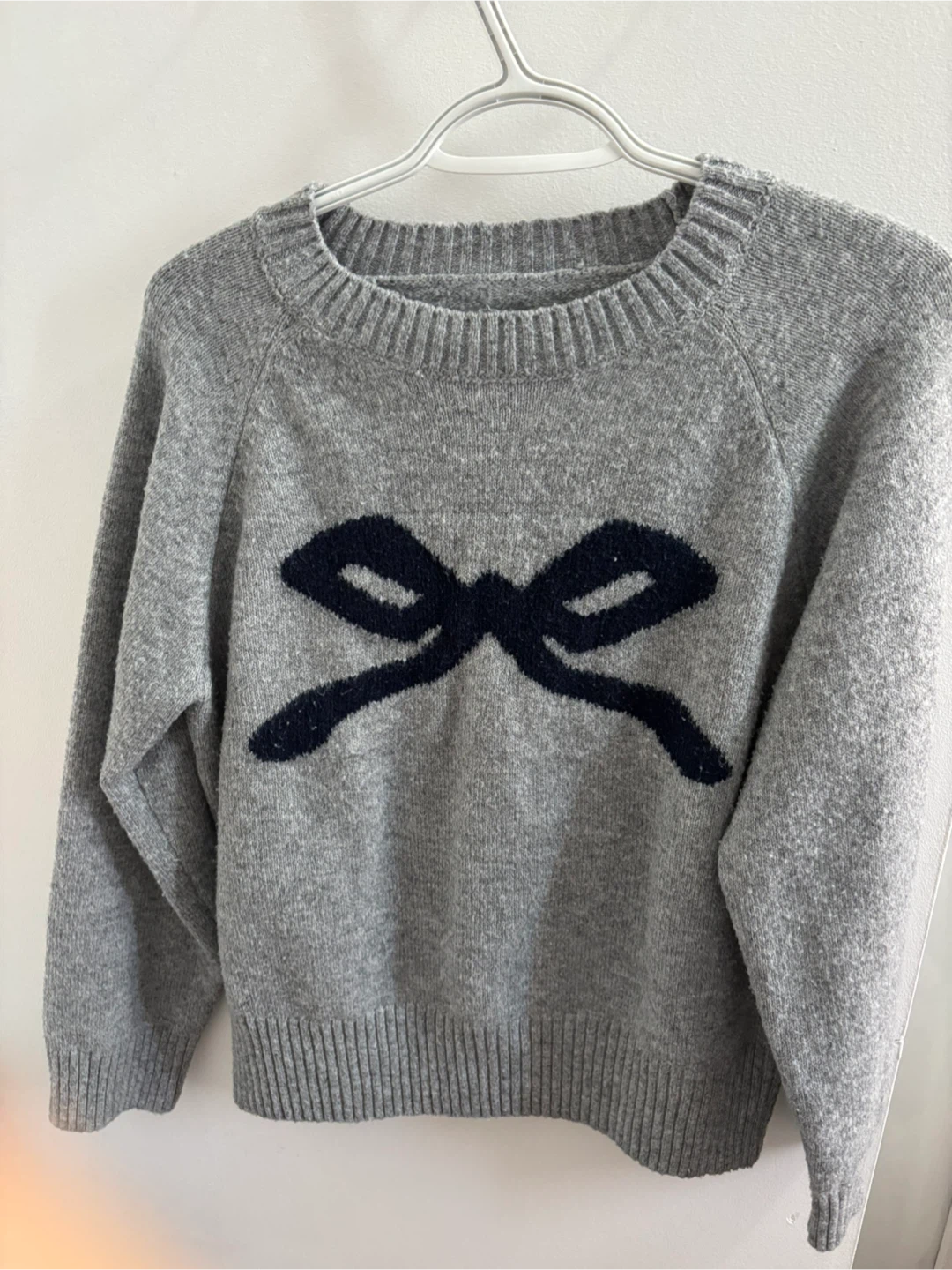 Grey Sweater with Navy Bow